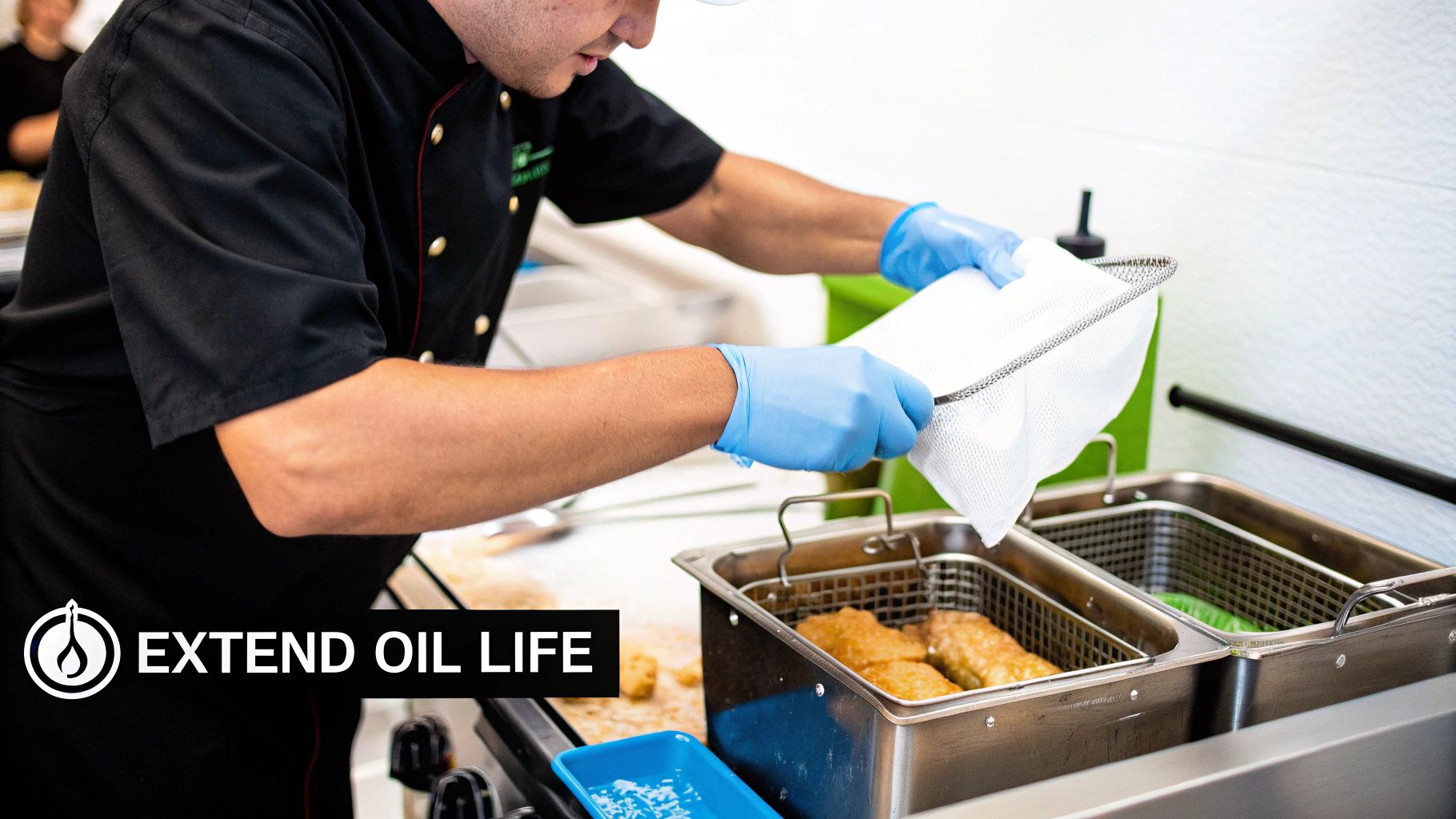 A chef in blue gloves filters oil from a deep fryer using a mesh bag, extending its life.