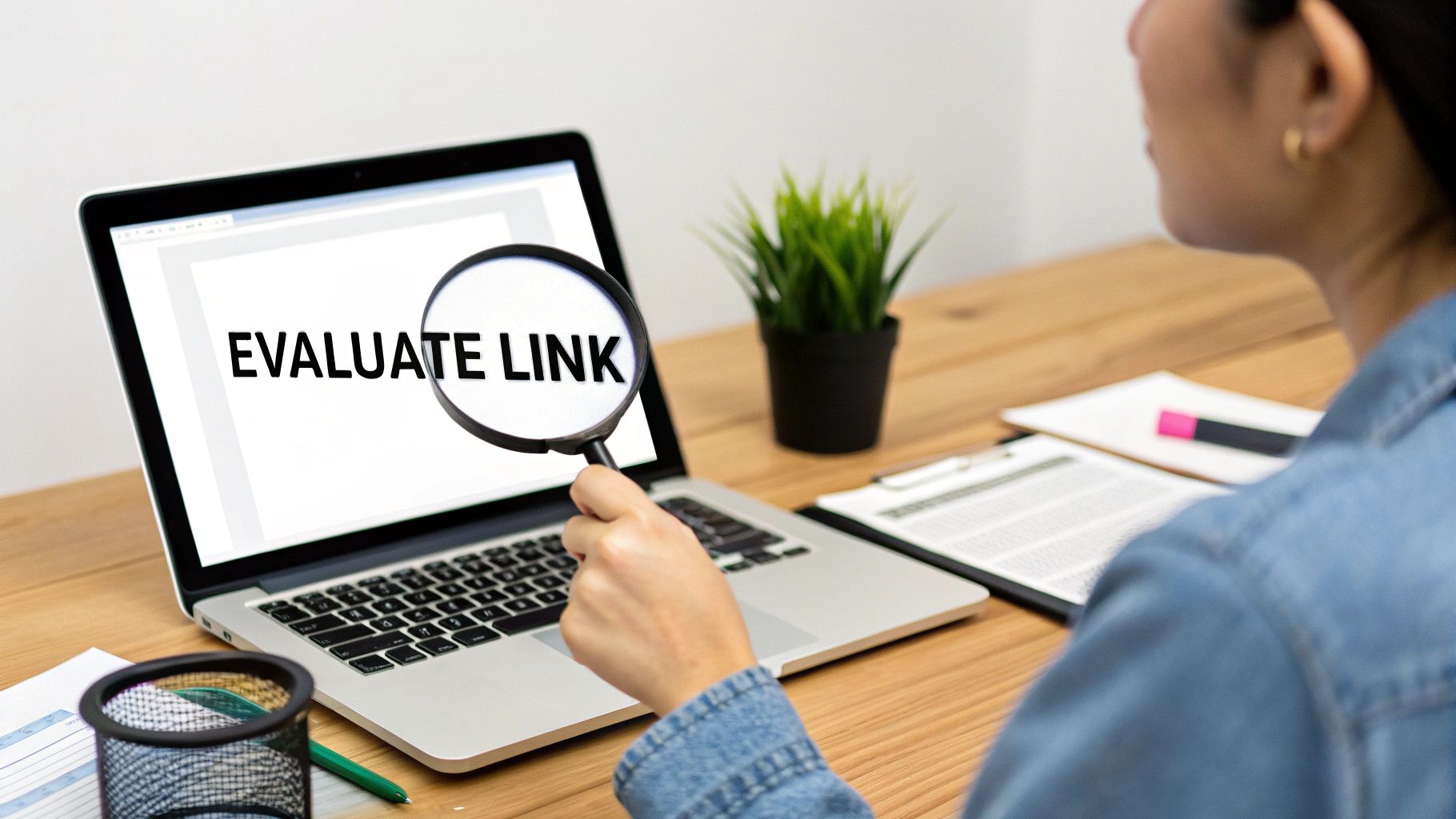 A person uses a magnifying glass to evaluate a link displayed on a laptop screen.