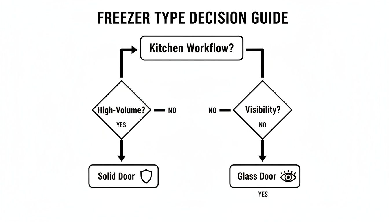 Flowchart decision guide for selecting freezer type: solid door for high-volume, glass door for visibility.