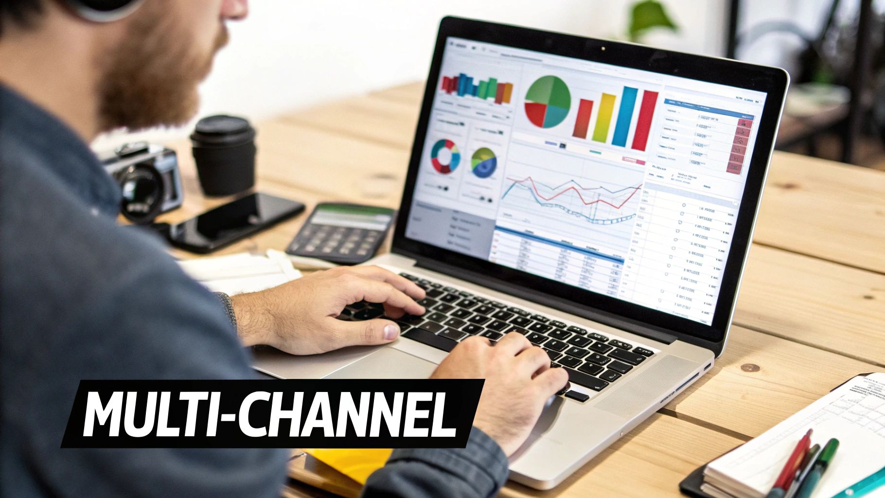 A person works on a laptop displaying multi-channel business analytics and data dashboards on a wooden desk.