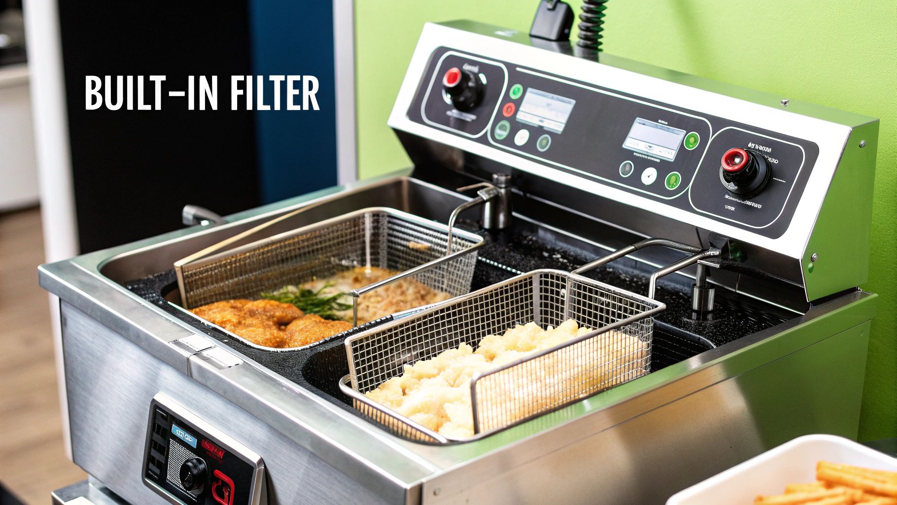 Several deep fryers in a commercial kitchen setting.