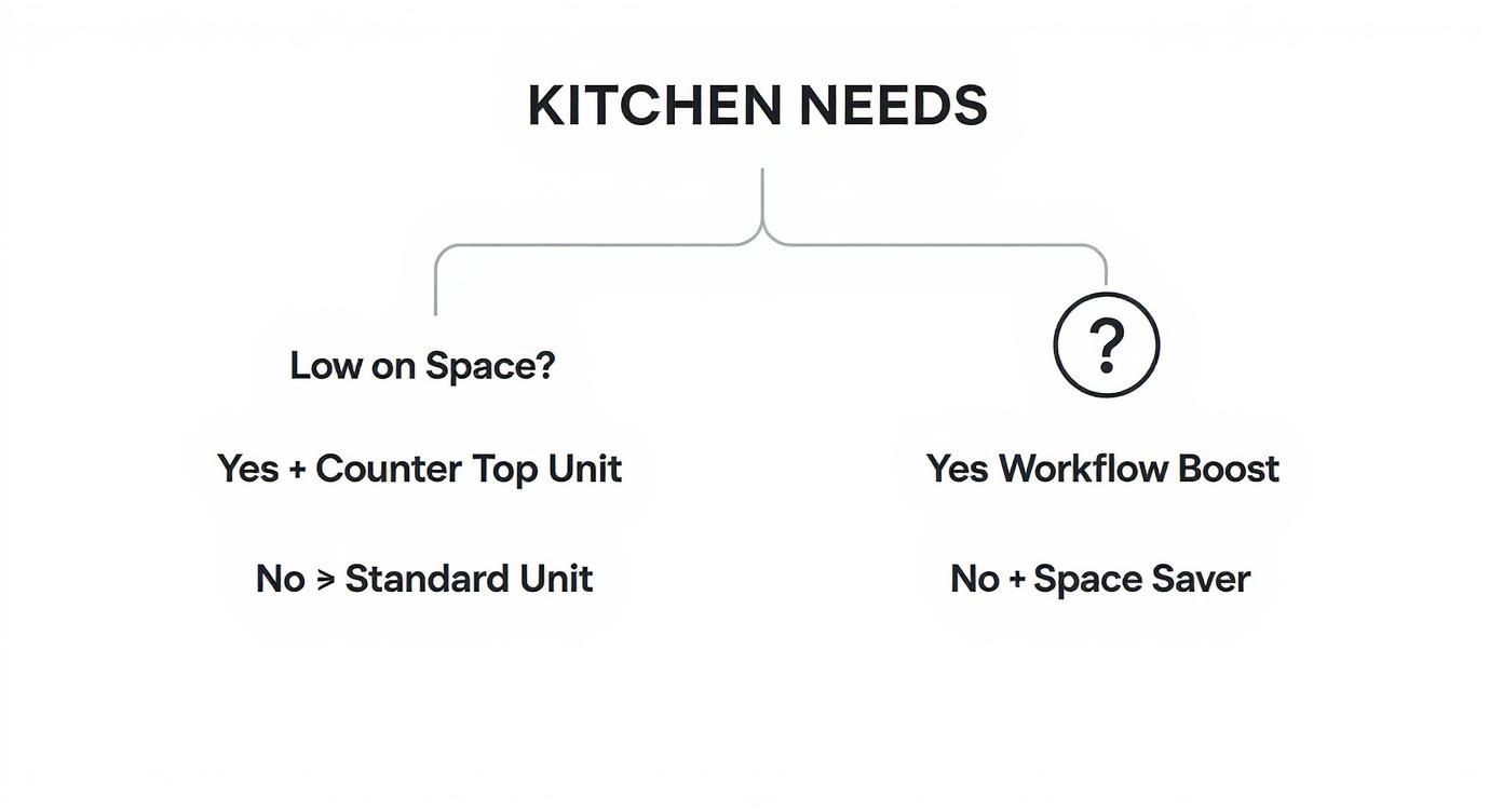 Kitchen needs decision tree flowchart showing counter top unit versus standard unit and workflow boost versus space saver options