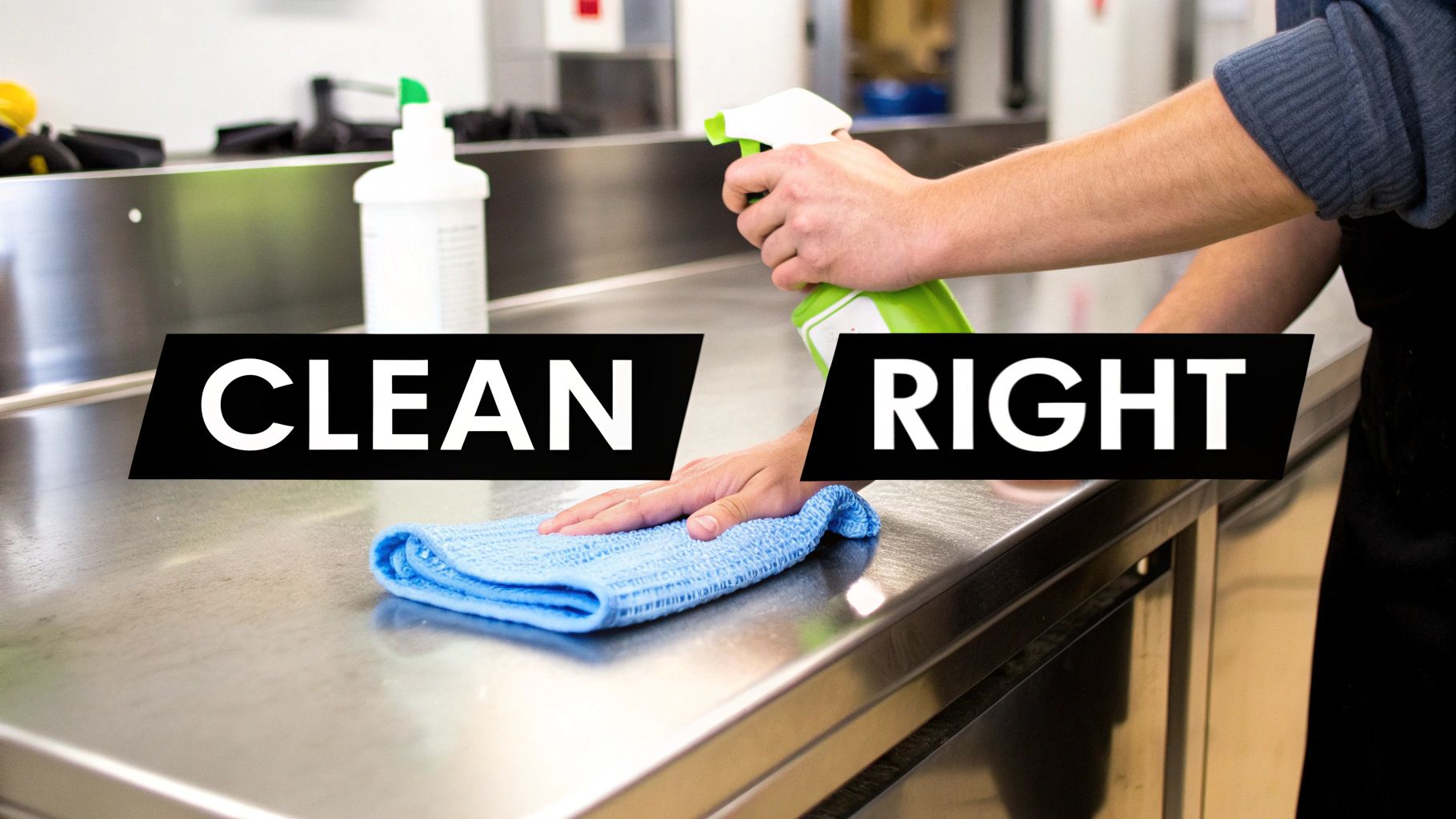 Person cleaning a stainless steel kitchen prep table with spray cleaner and a blue cloth, promoting proper hygiene.