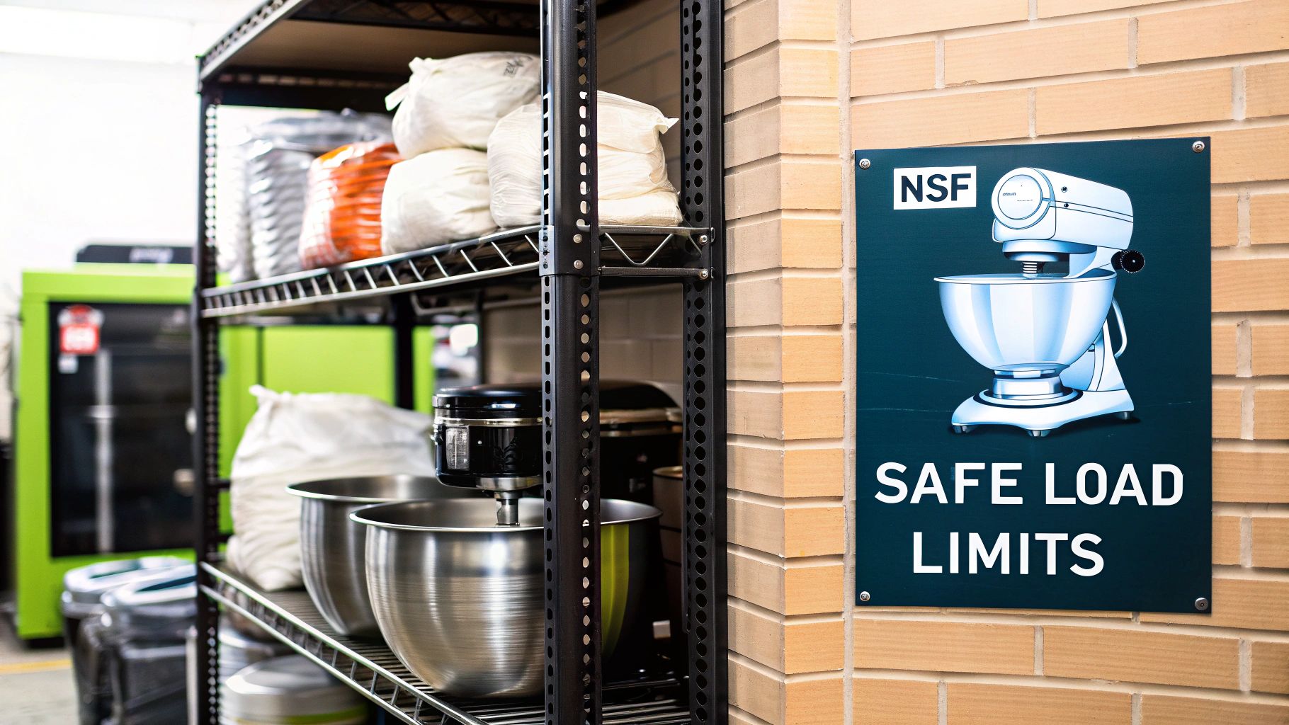 Industrial kitchen shelving units holding bulk ingredients, mixing bowls, and a 'Safe Load Limits' sign.