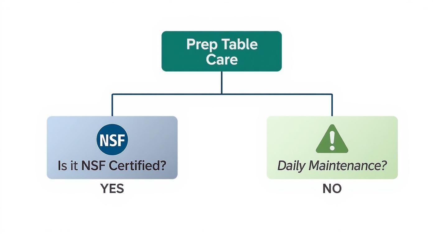 Flowchart showing prep table care with NSF certification and daily maintenance decision branches