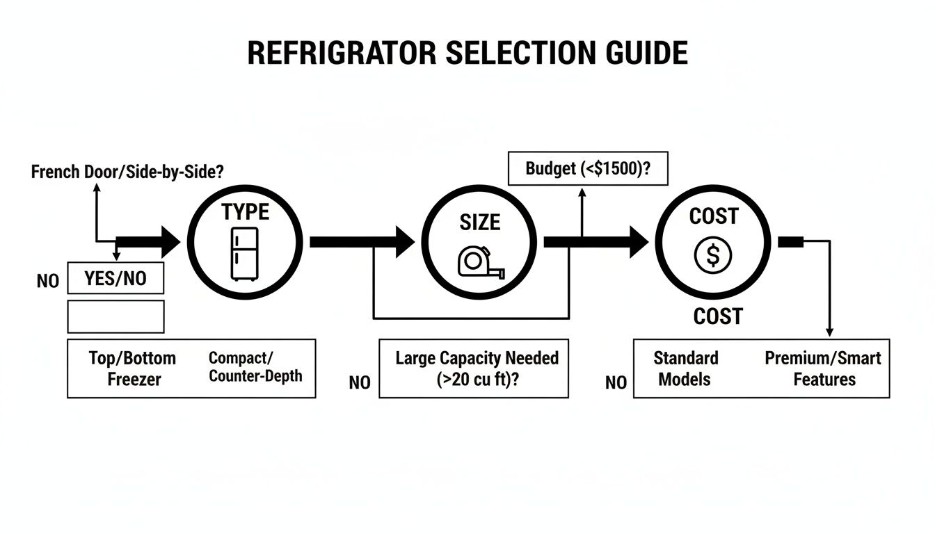 Flowchart guiding refrigerator selection based on type, size, and cost, including budget and features.