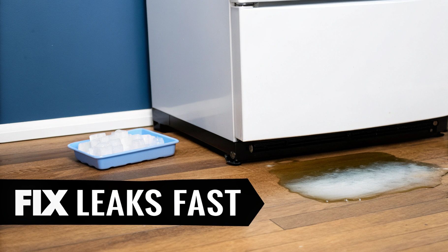 A white refrigerator leaking water onto a wooden floor, with a tray of ice cubes nearby.