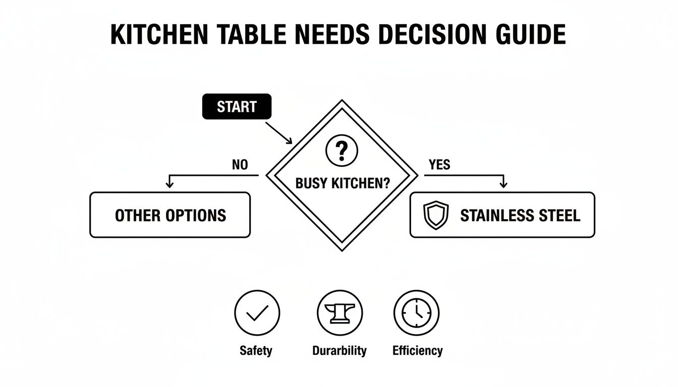 A flowchart decision guide for kitchen table needs, suggesting stainless steel for busy kitchens.