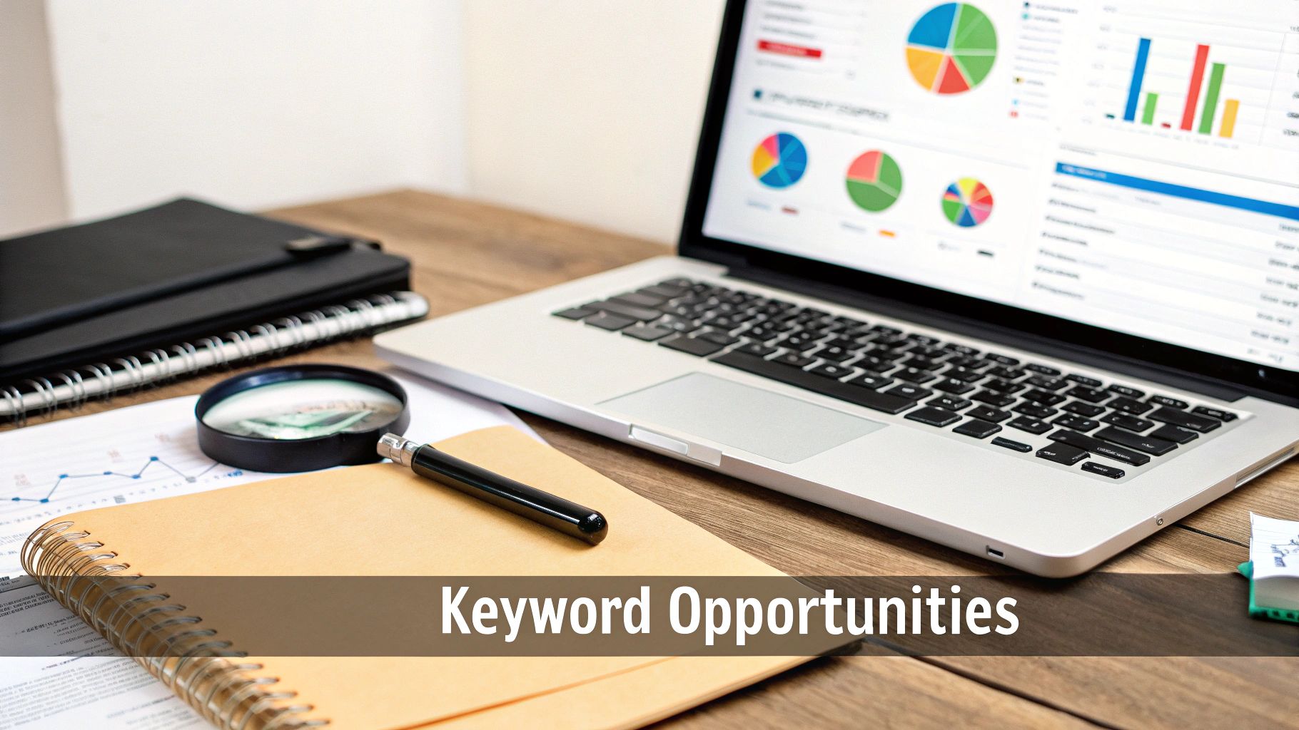 A desk with a laptop displaying SEO analytics, notebooks, a magnifying glass, and a pen, representing keyword research.