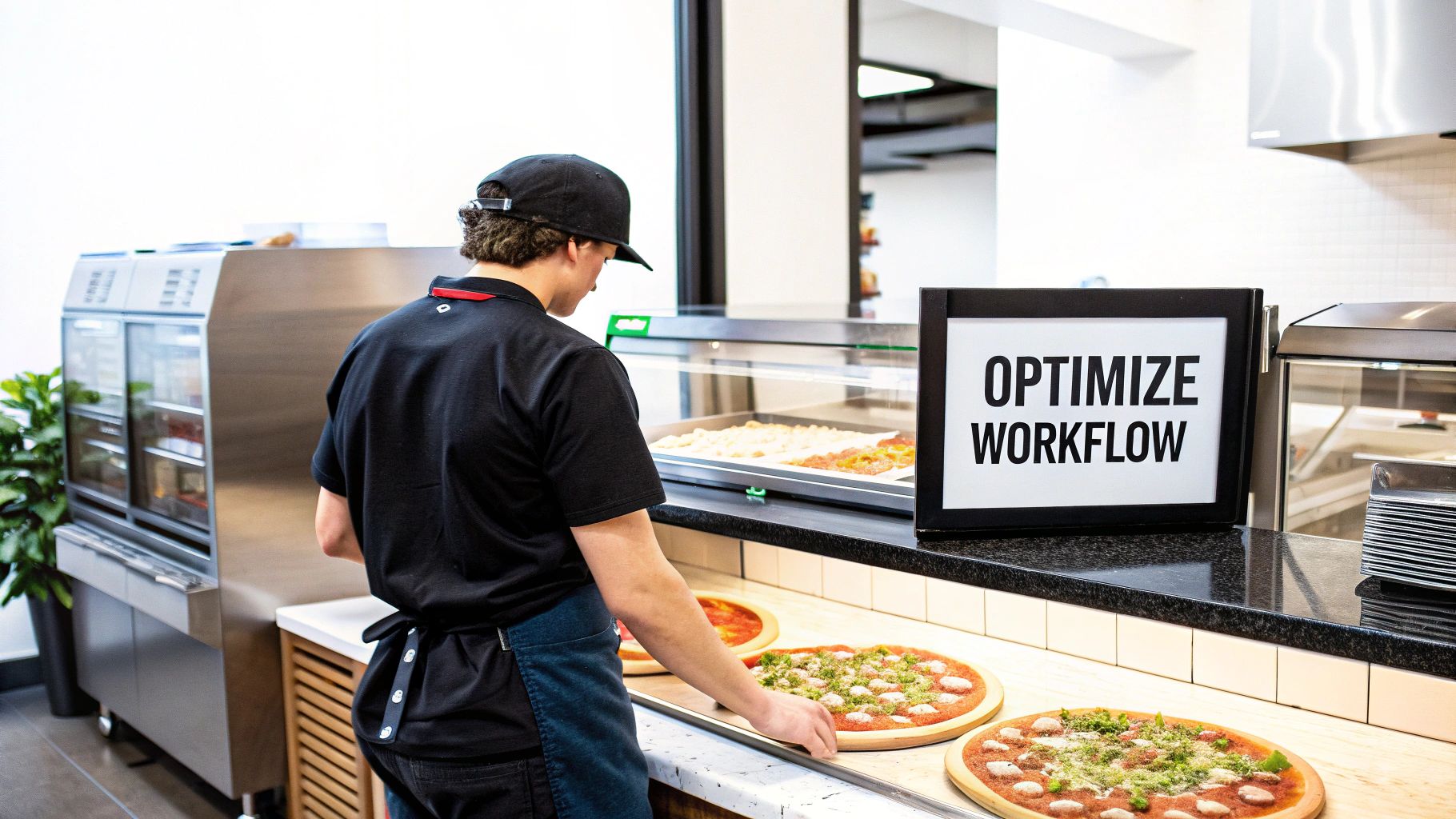A pizza maker efficiently adds toppings from a counter top refrigeration unit on a stainless steel prep table.