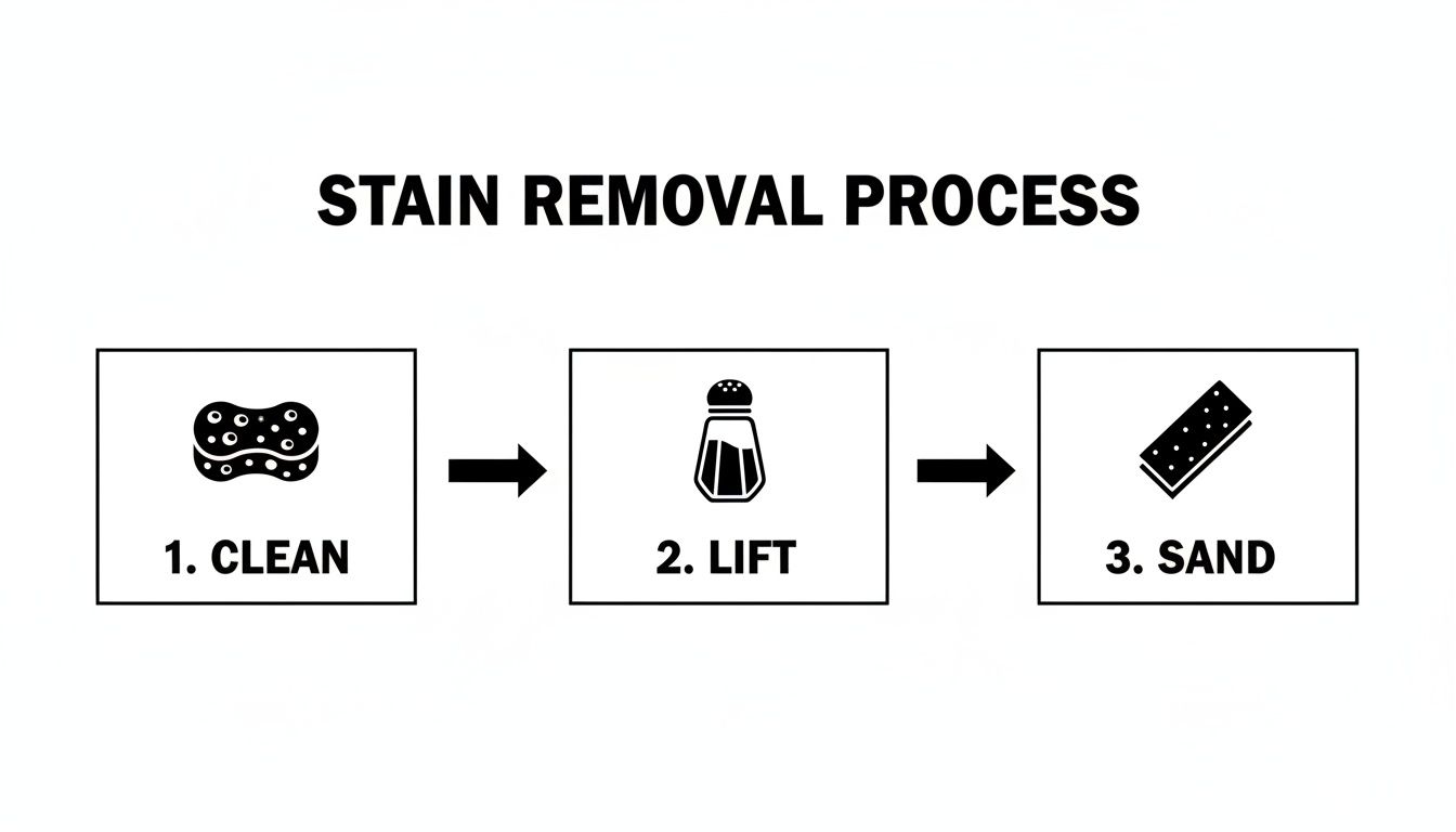 Diagram illustrating a three-step stain removal process: clean with sponge, lift with salt, and sand.