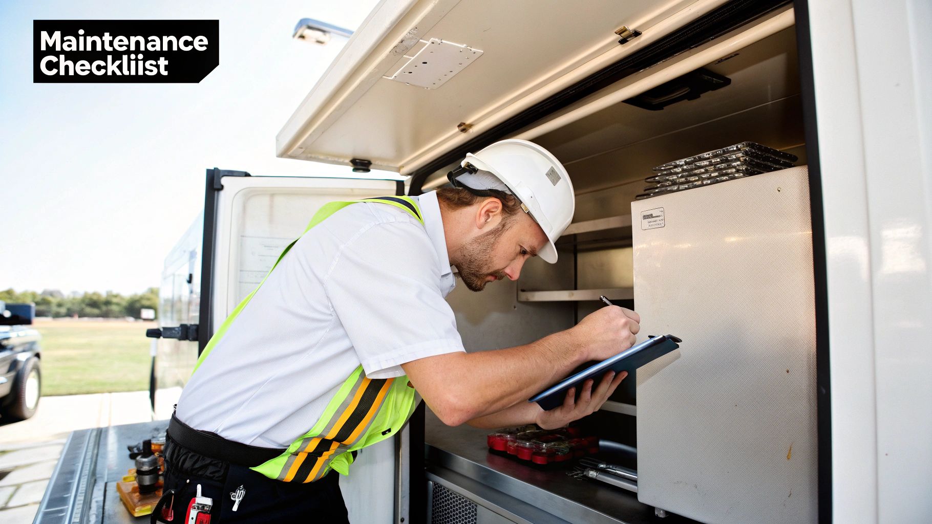 A technician in a hard hat and safety vest inspects food truck equipment, writing on a clipboard.