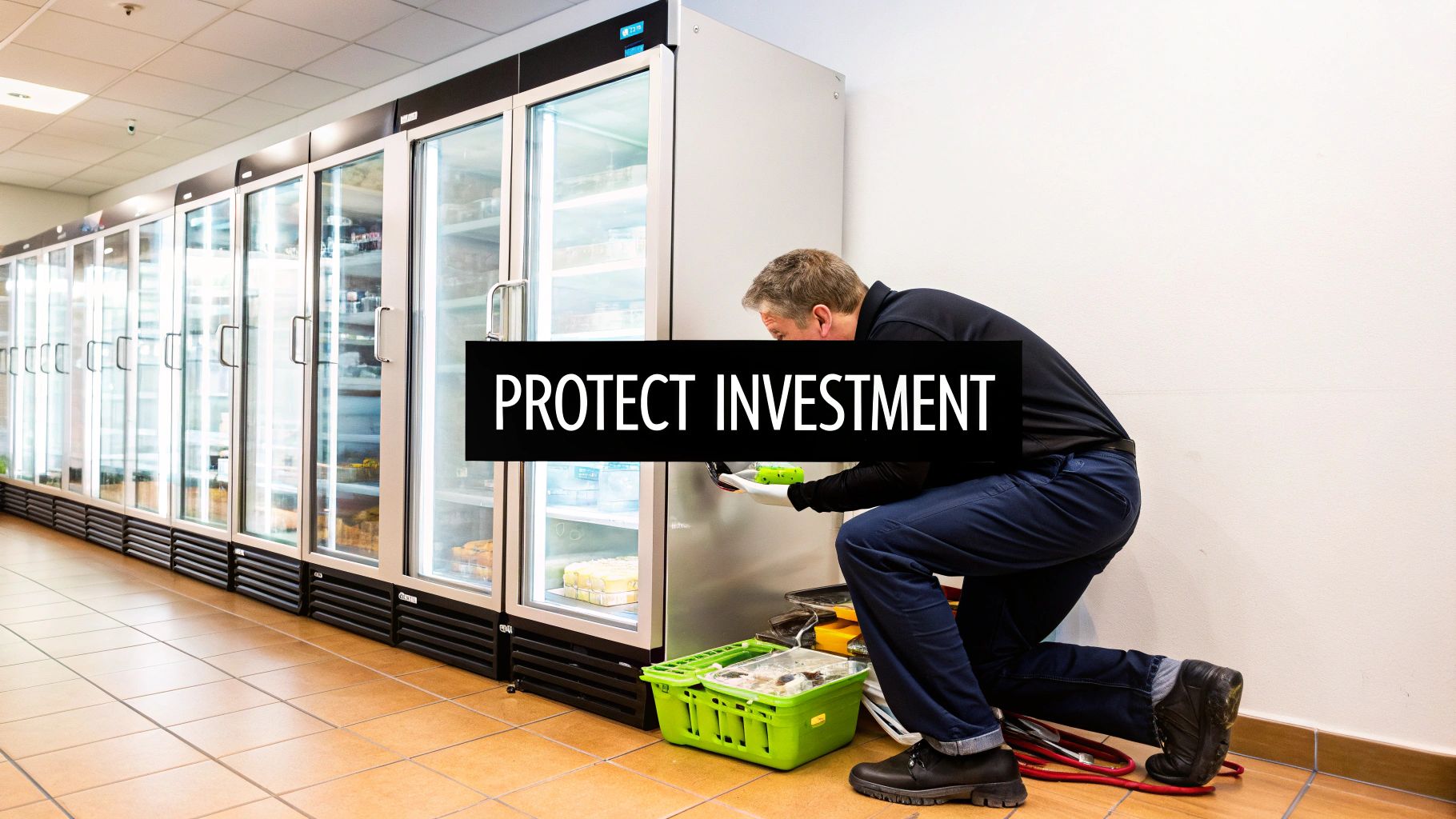 Technician cleaning the condenser coils on a commercial glass door freezer.