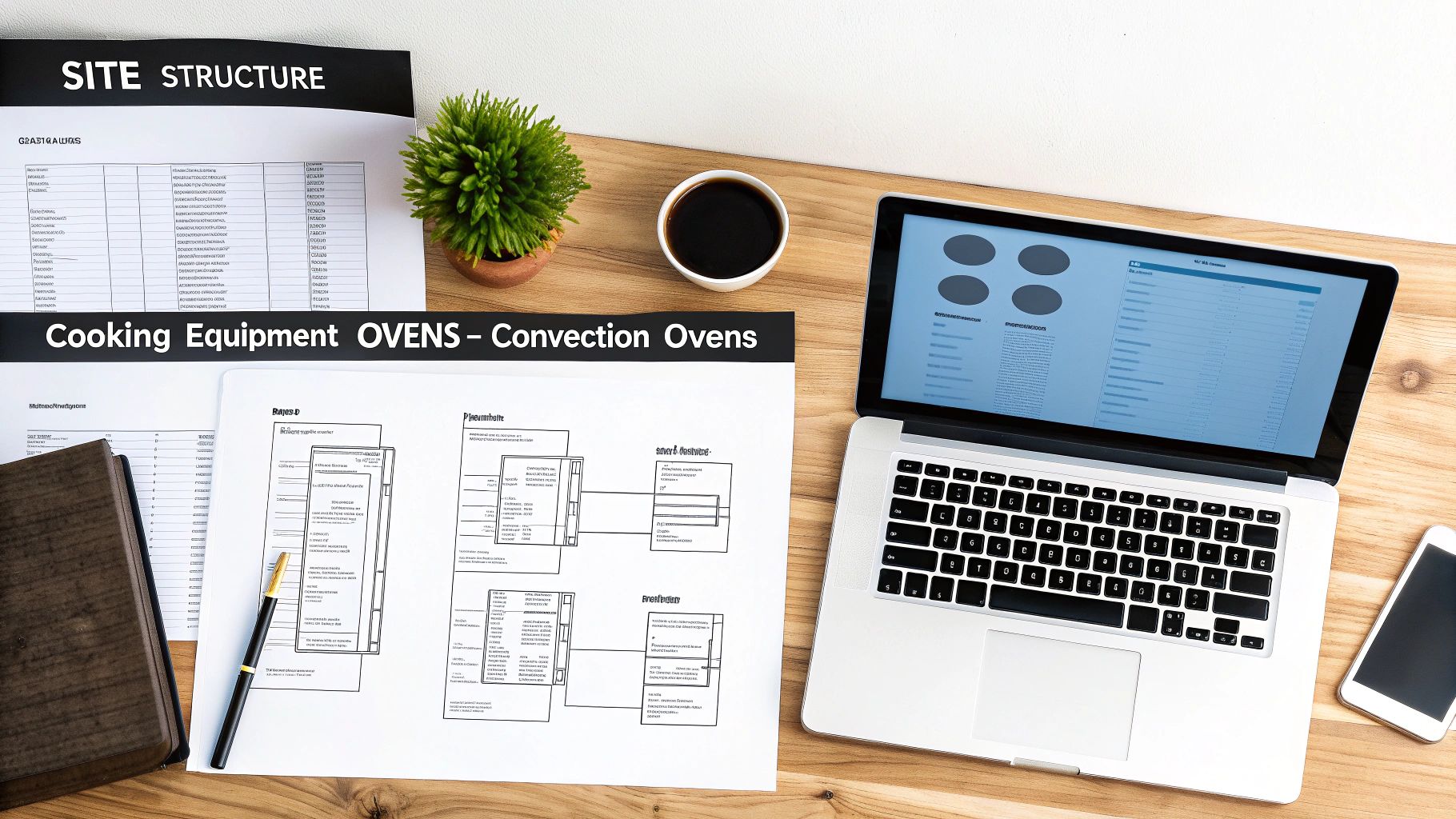 Overhead shot of a busy workspace with documents on site structure and equipment, a laptop, and coffee.
