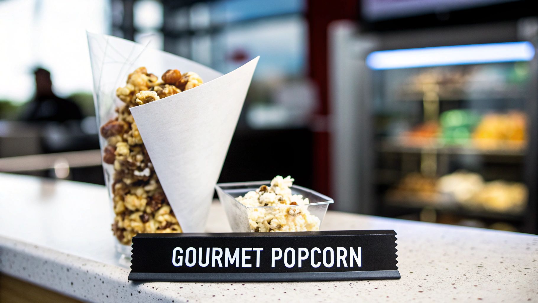 Delicious gourmet popcorn served in a cone and a small dish on a counter with a "Gourmet Popcorn" sign.