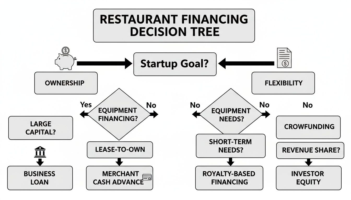 A restaurant financing decision tree diagram showing funding options based on startup goals and equipment needs.