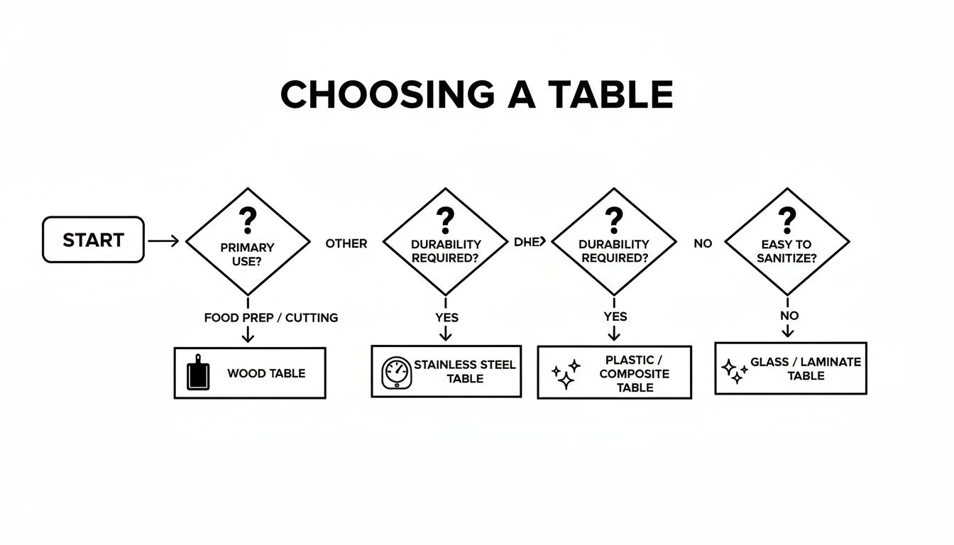 Flowchart illustrating how to choose a table based on primary use, durability, and ease of sanitizing.