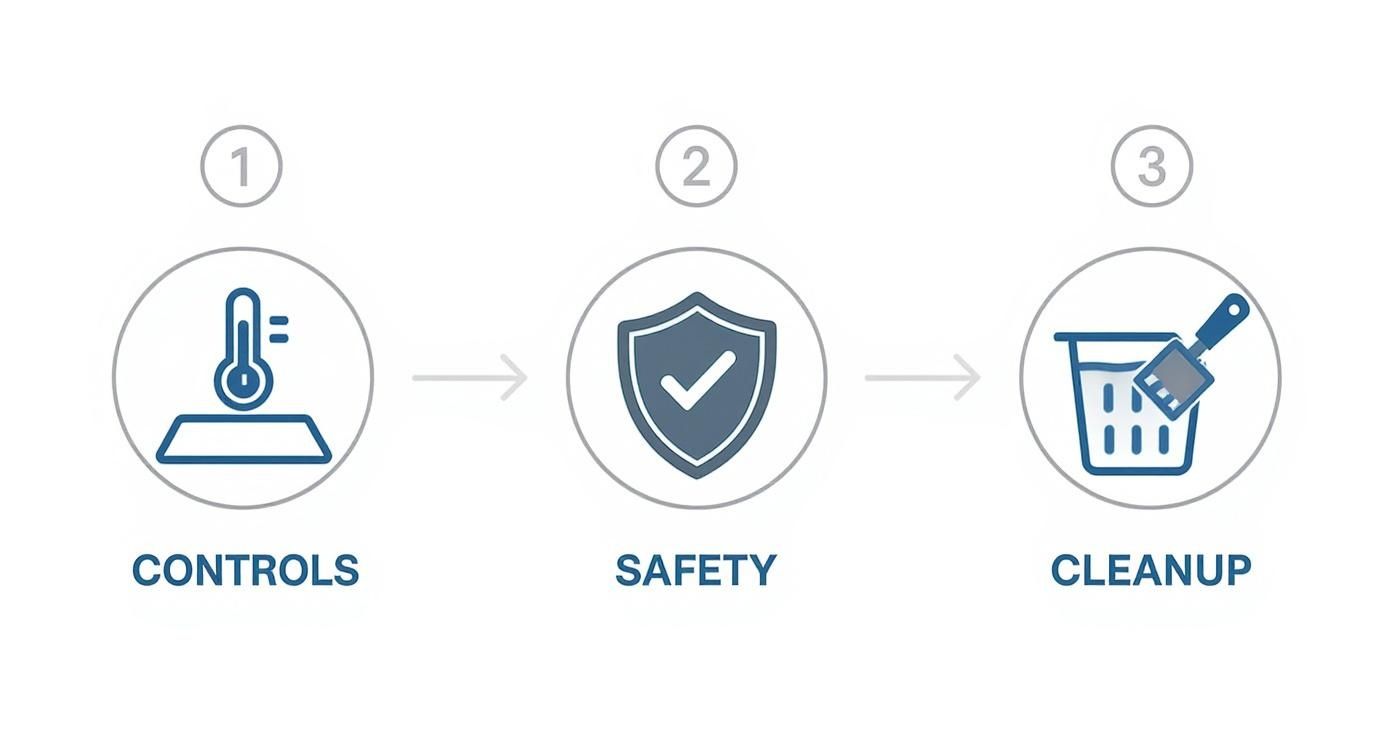 Infographic showing the process flow of griddle features including controls, safety, and cleanup.
