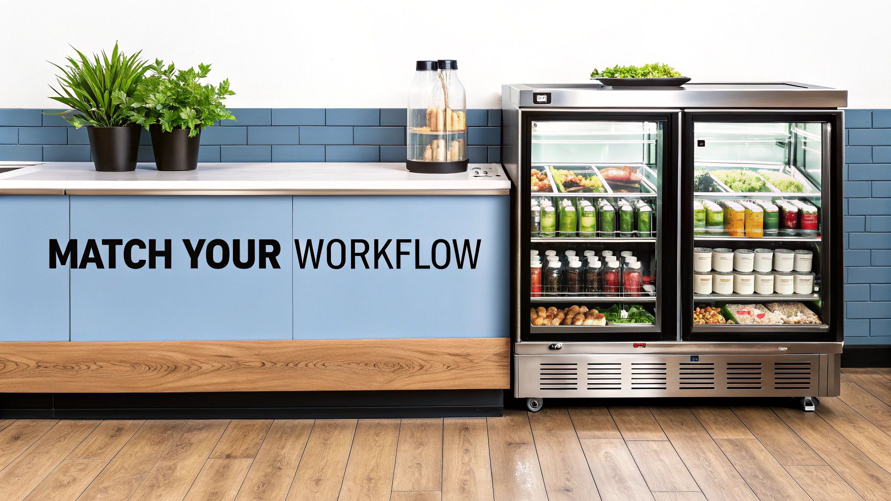 A modern kitchen counter with potted plants and a double-door under-counter refrigerator full of fresh items.