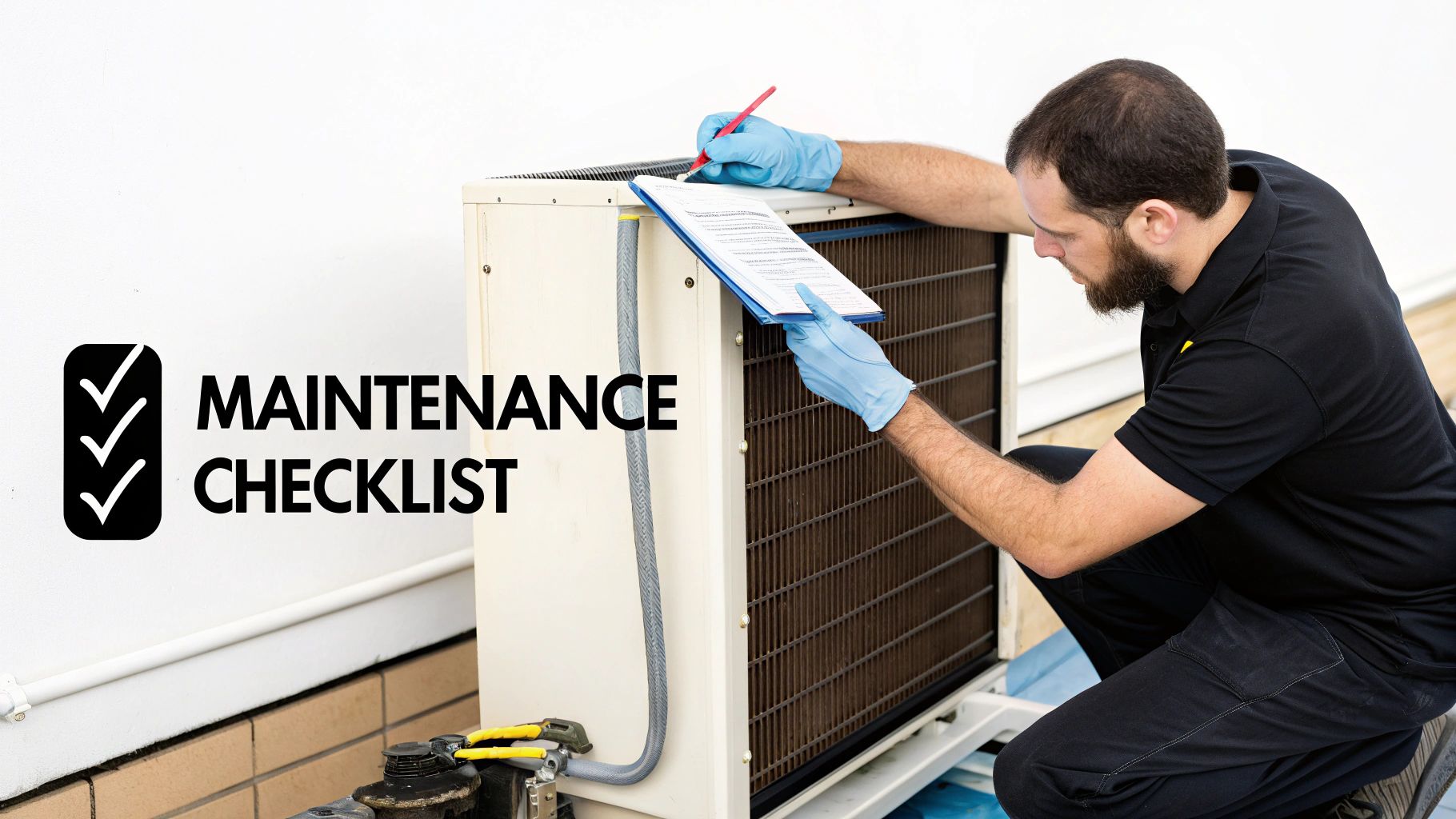 A technician in blue gloves marks a maintenance checklist while servicing an outdoor HVAC unit.
