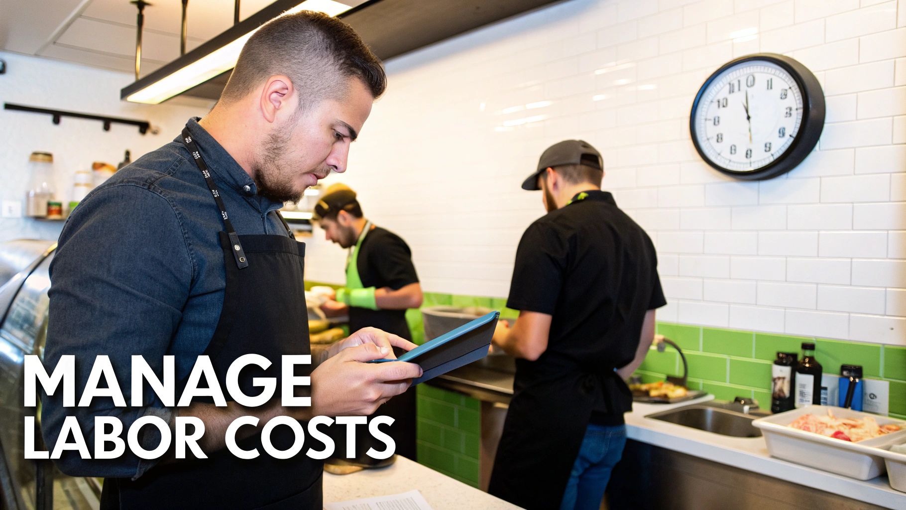Restaurant manager uses a tablet to oversee staff and operations, optimizing labor costs.