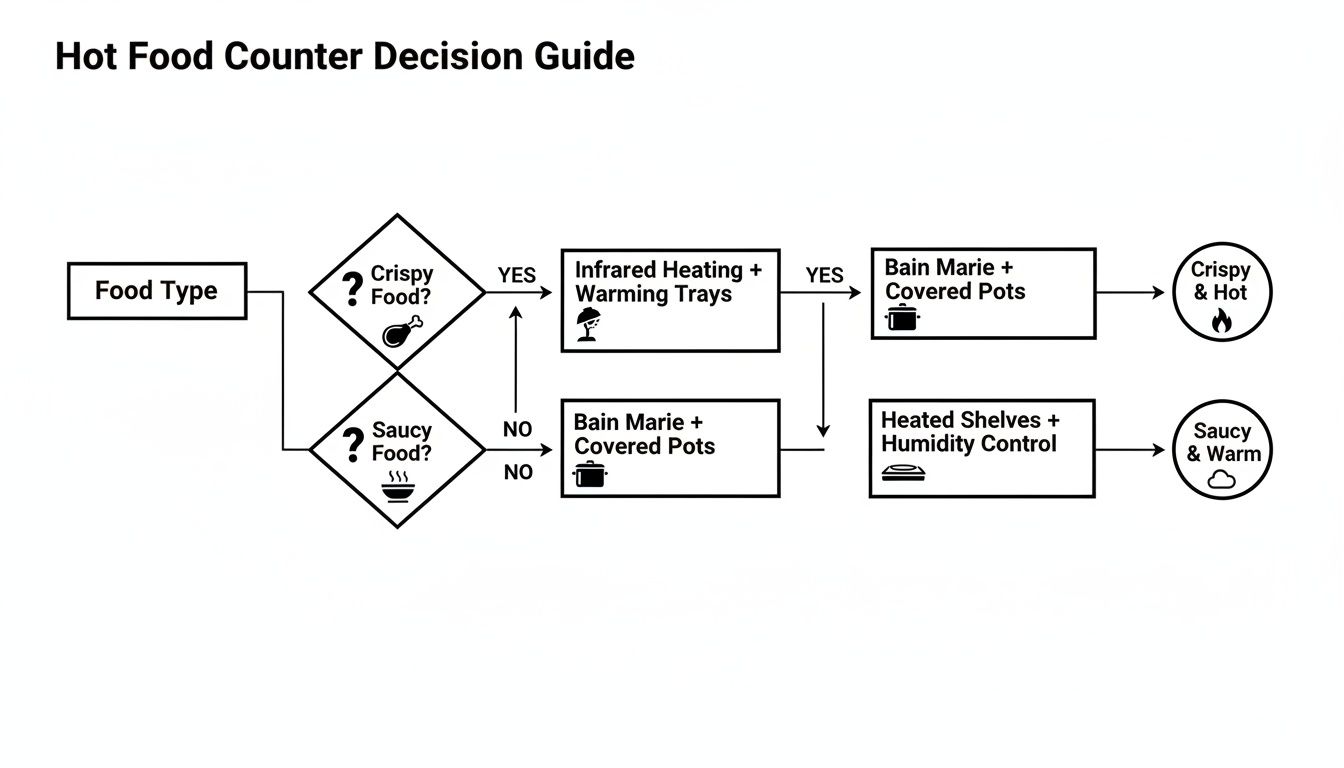 Flowchart decision guide for selecting hot food counter equipment based on food type, ensuring crisp or saucy results.