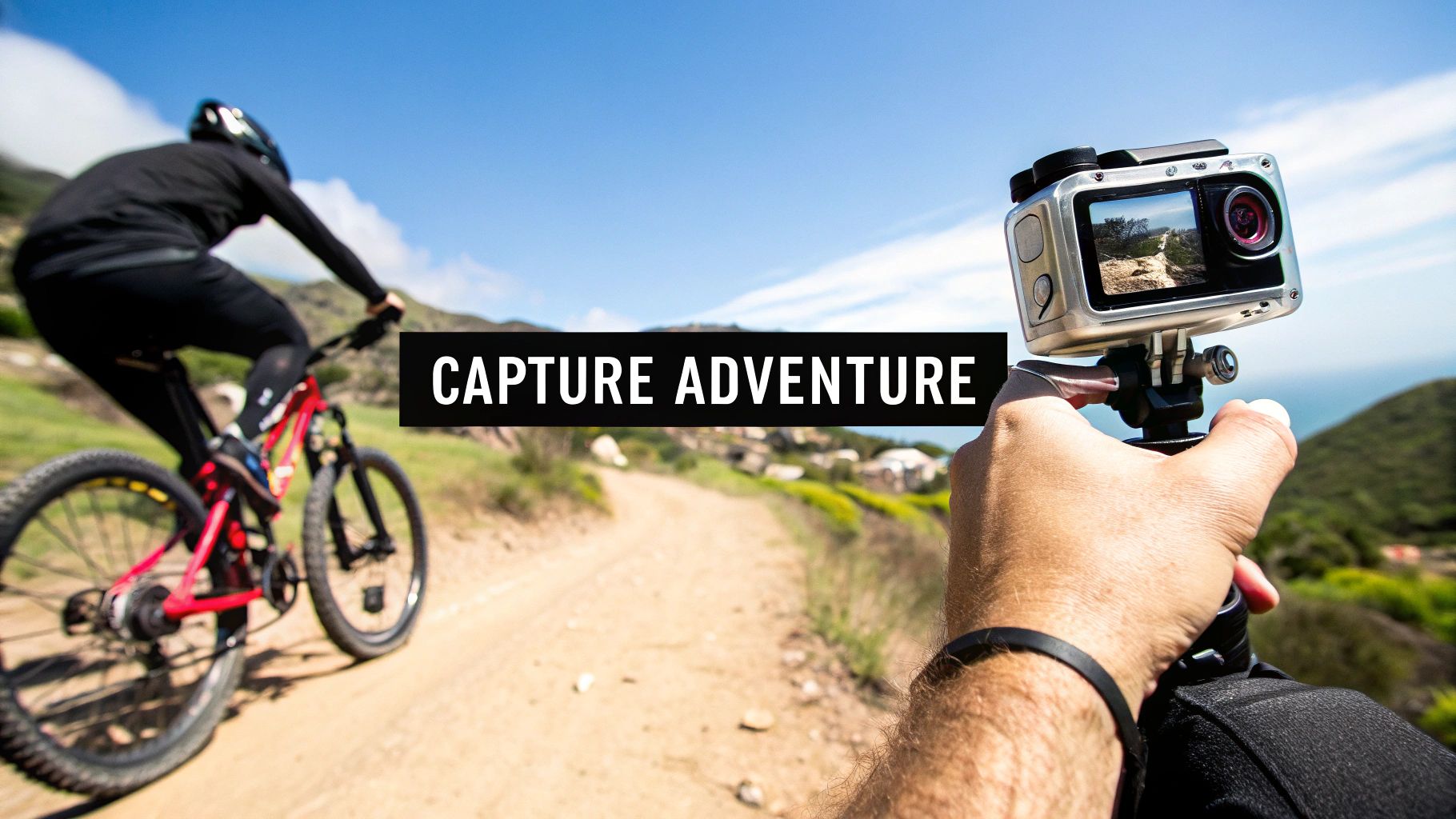 A person mountain biking on a dirt path, while another captures the adventure with an action camera.