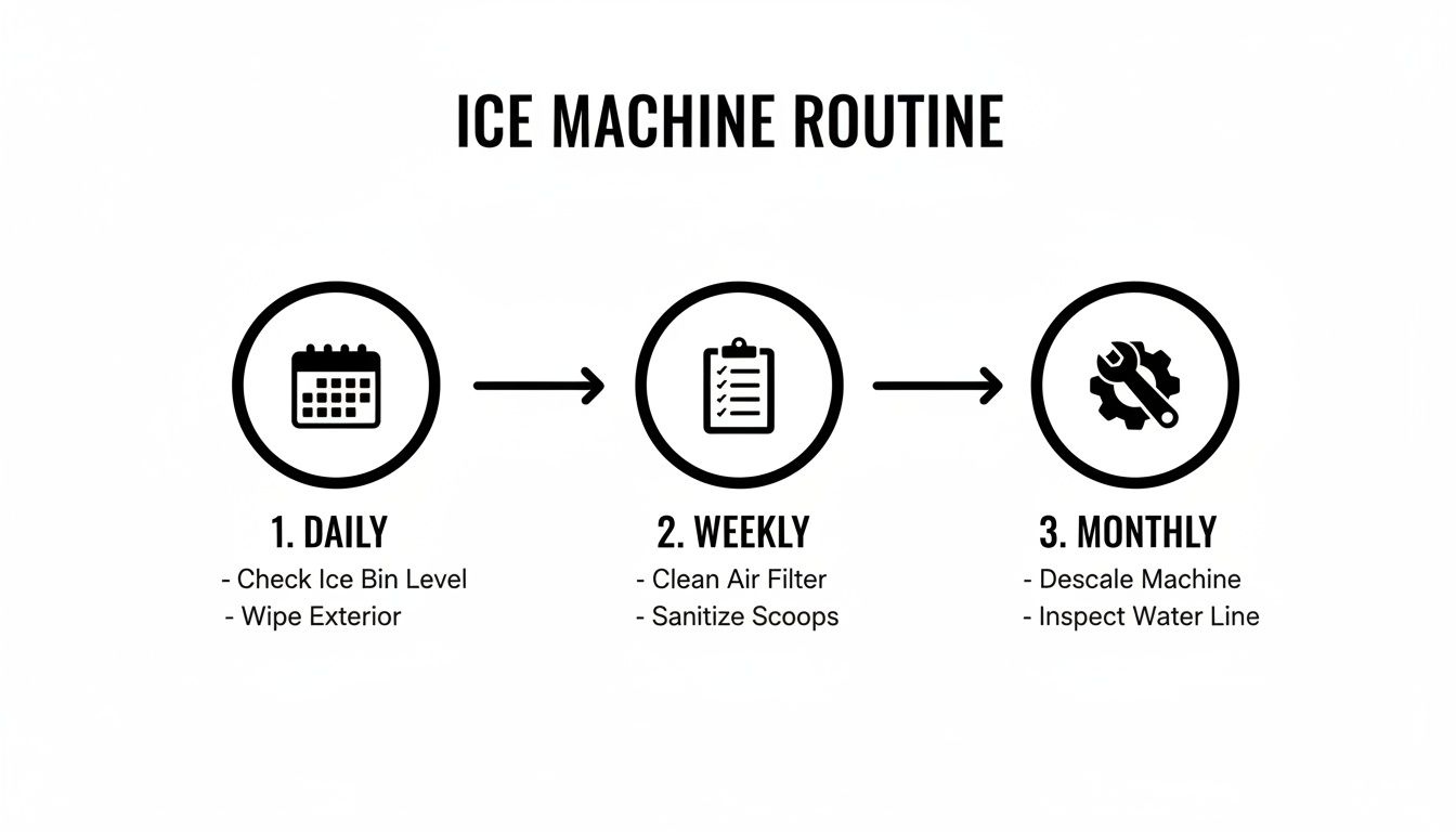 Infographic outlining daily, weekly, and monthly essential maintenance steps for an ice machine.