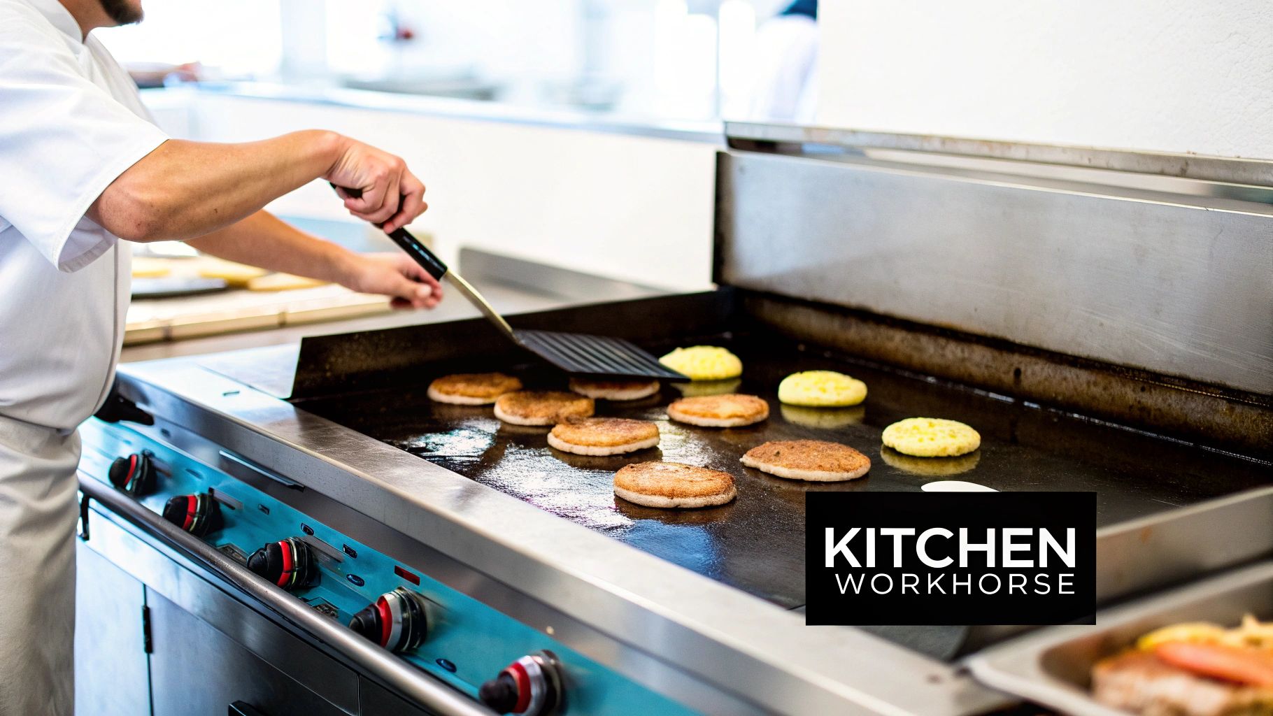 A chef skillfully uses a spatula to cook various patties on a large, professional griddle in a commercial kitchen.