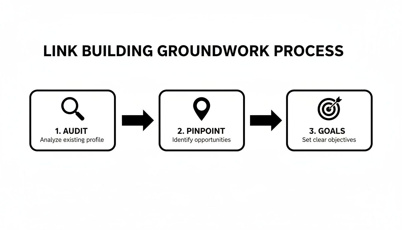 Diagram illustrating the 3-step link building groundwork process: audit, pinpoint, and goals.