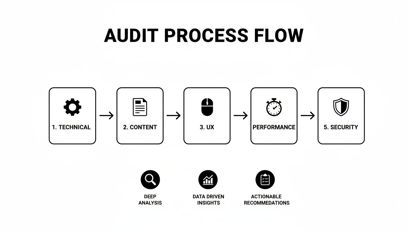 Flowchart illustrating an audit process with five key steps: Technical, Content, UX, Performance, and Security, leading to valuable insights.