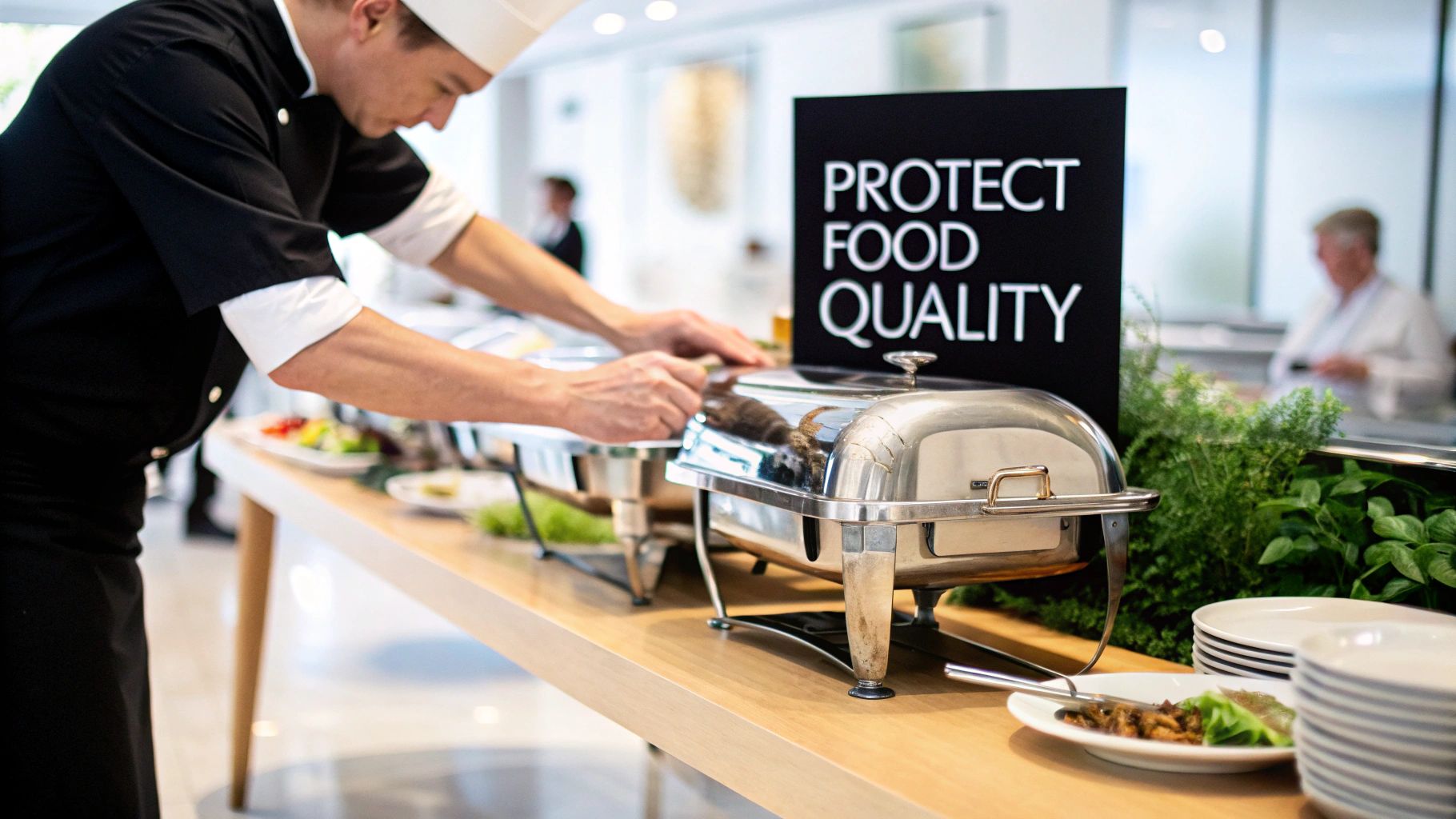 A chef adjusts a silver chafing dish at a buffet table with a 'Protect Food Quality' sign.