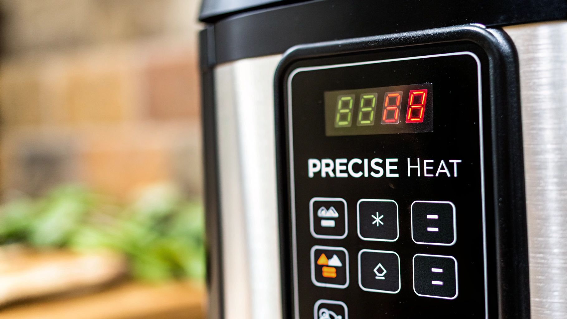 A close-up shot of a stainless steel commercial deep fryer's control panel, showing temperature dials and indicator lights.