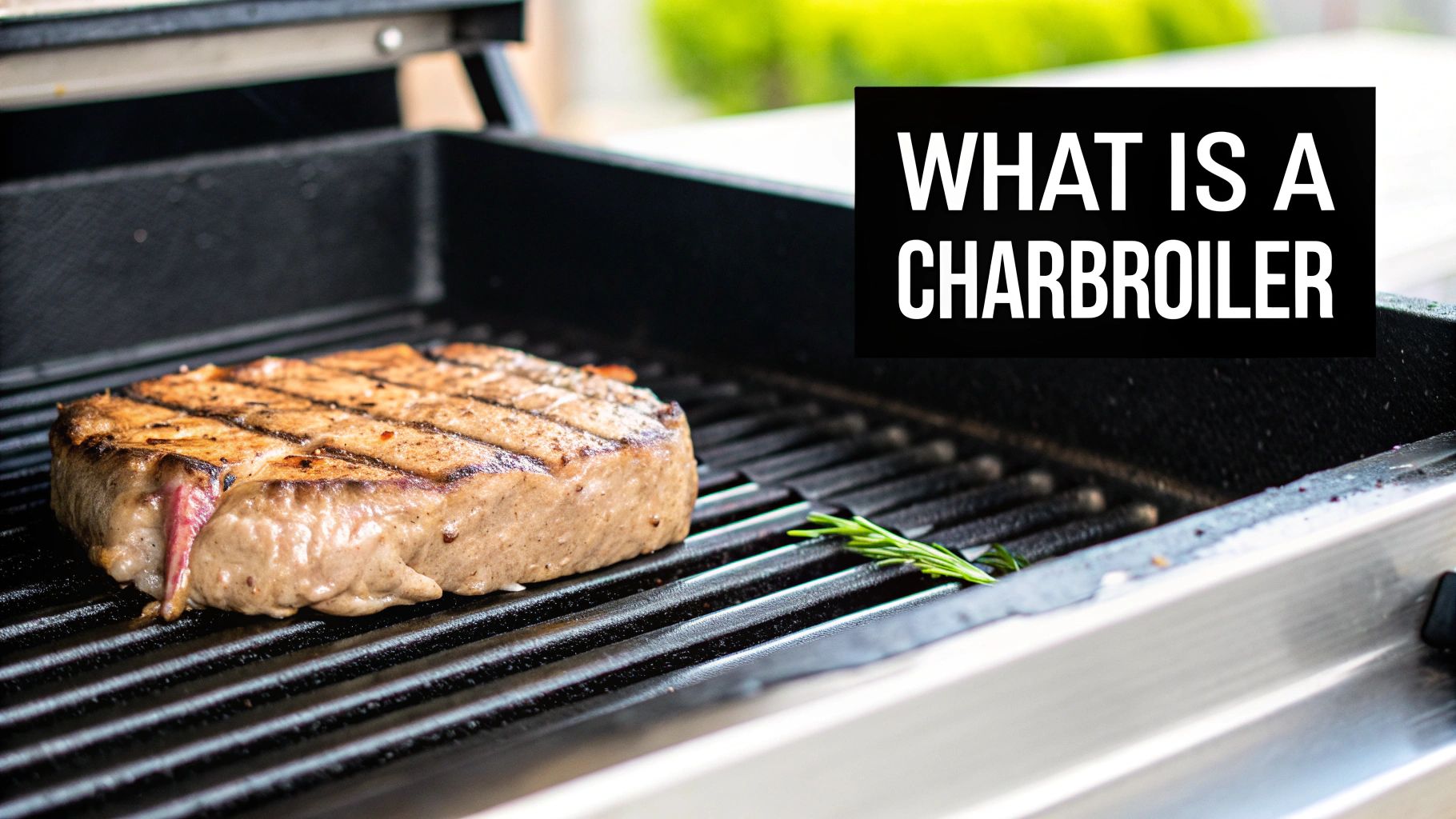 Charbroiler grill cooking steak with distinctive grill marks on black grates