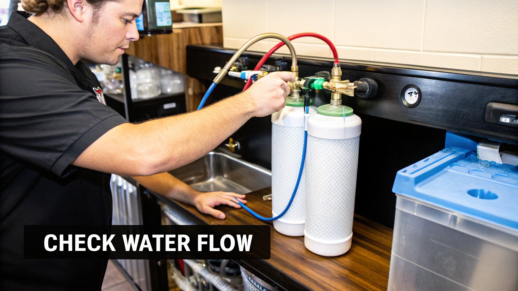 A person in a black shirt checks water flow connections on two commercial water filters next to a sink.
