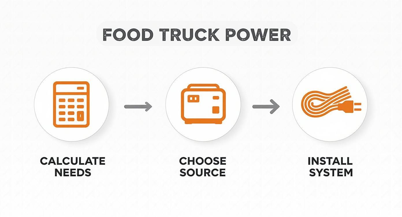 A three-step diagram for food truck power: calculate needs, choose source, and install system.