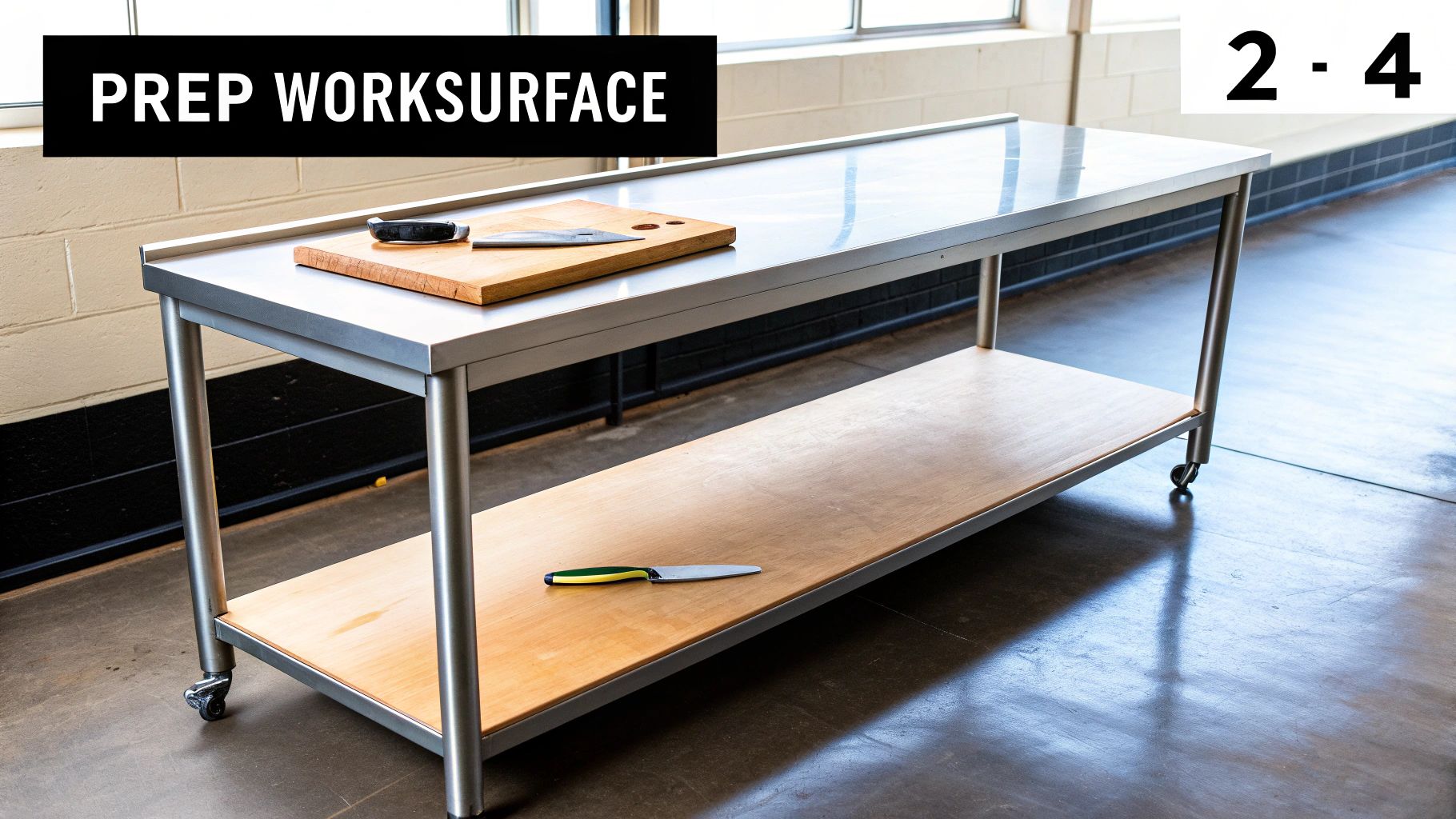 A stainless steel prep worksurface table with two shelves, a cutting board, and knives.