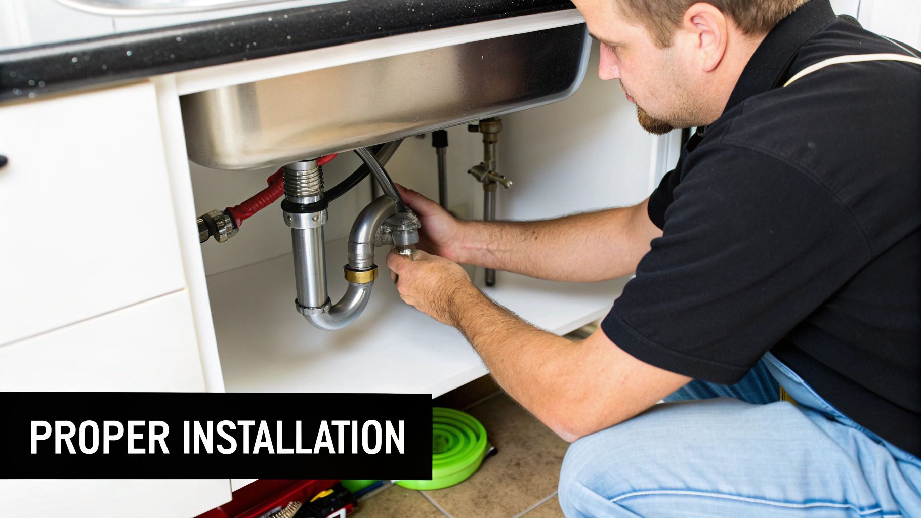 A man carefully installing or repairing plumbing pipes under a stainless steel kitchen sink, demonstrating proper installation.