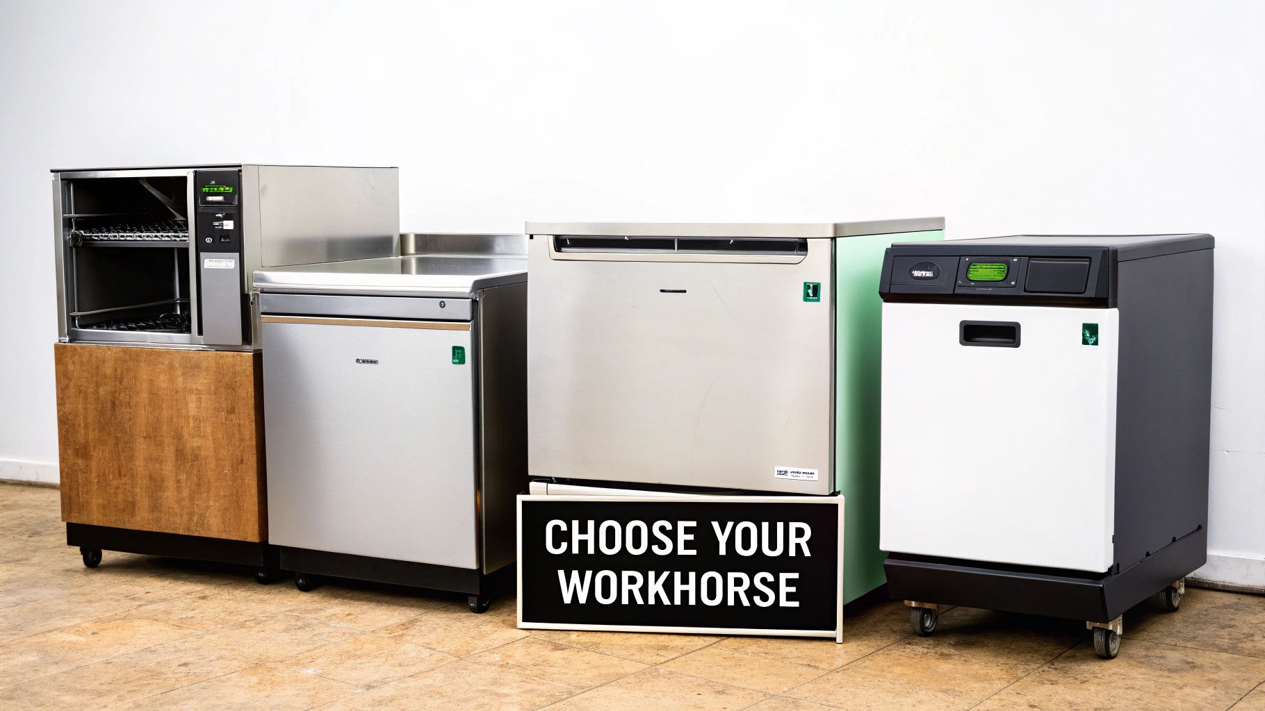 A lineup of commercial stainless steel dishwashing machines with a 'Choose Your Workhorse' sign.