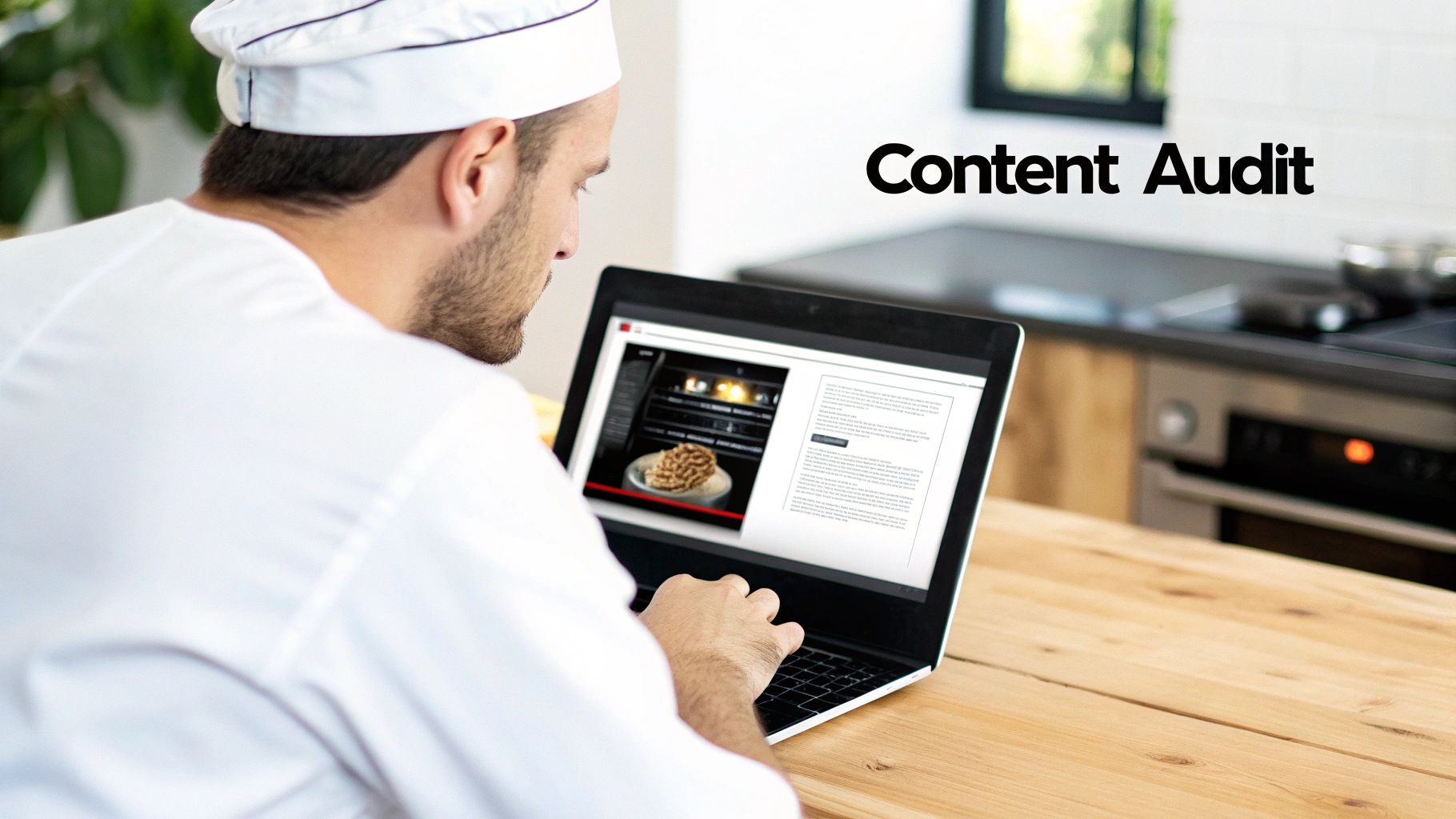 A chef audits content on a laptop, viewing a cooking webpage with food.