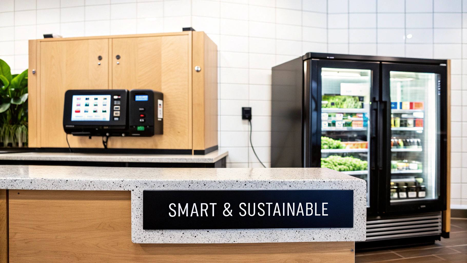 Smart & Sustainable self-service market with fresh food in a refrigerated display and ordering kiosk.