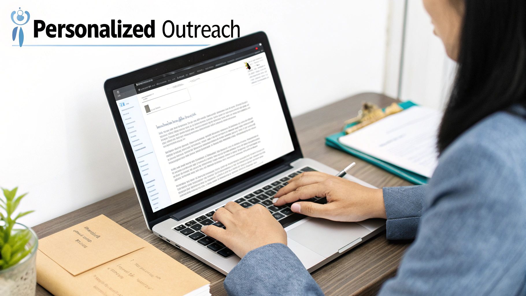 A person types on a laptop, working on a personalized outreach strategy at a desk with documents.