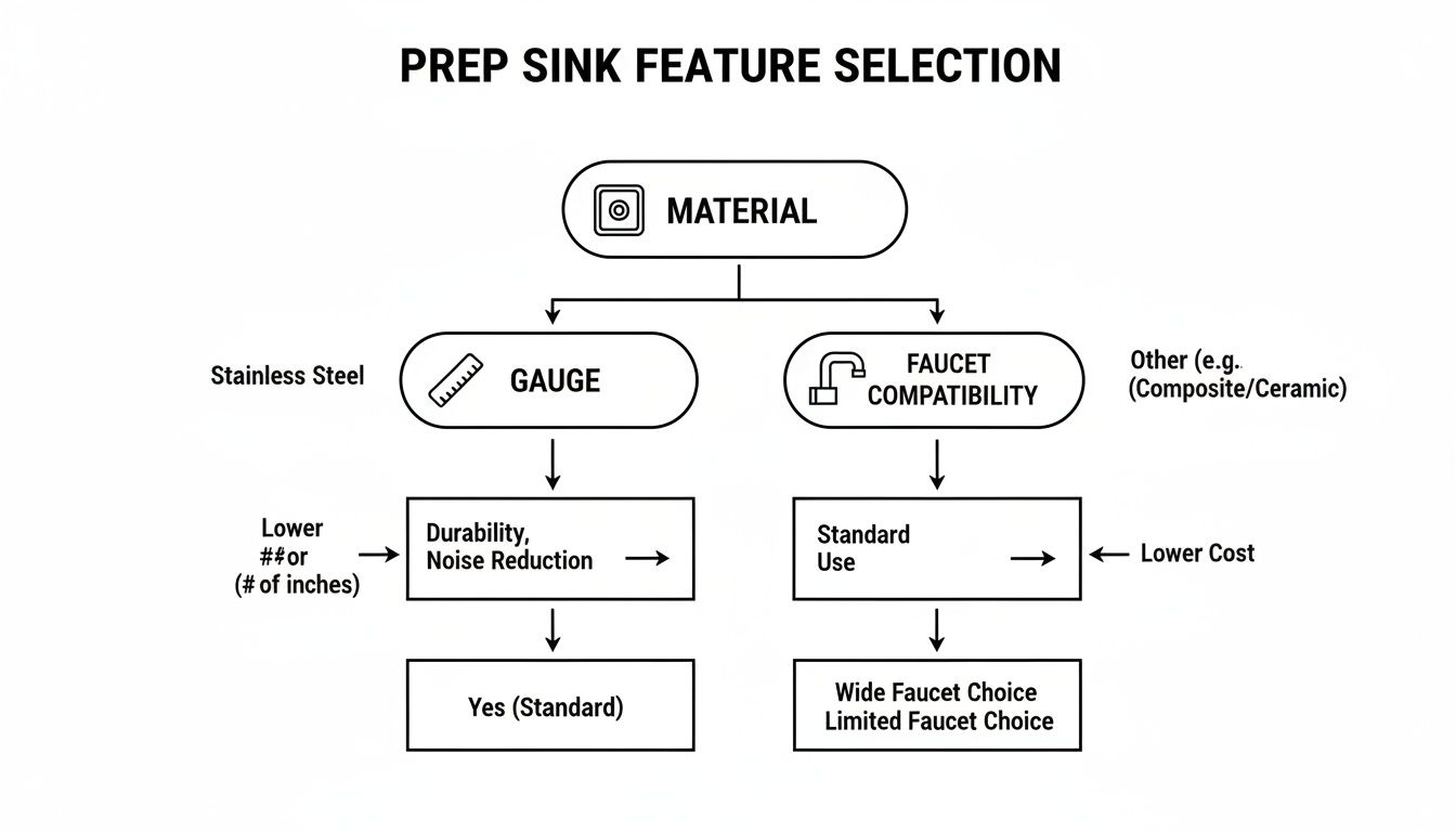 Flowchart showing prep sink feature selection, detailing material, gauge, and faucet compatibility options.