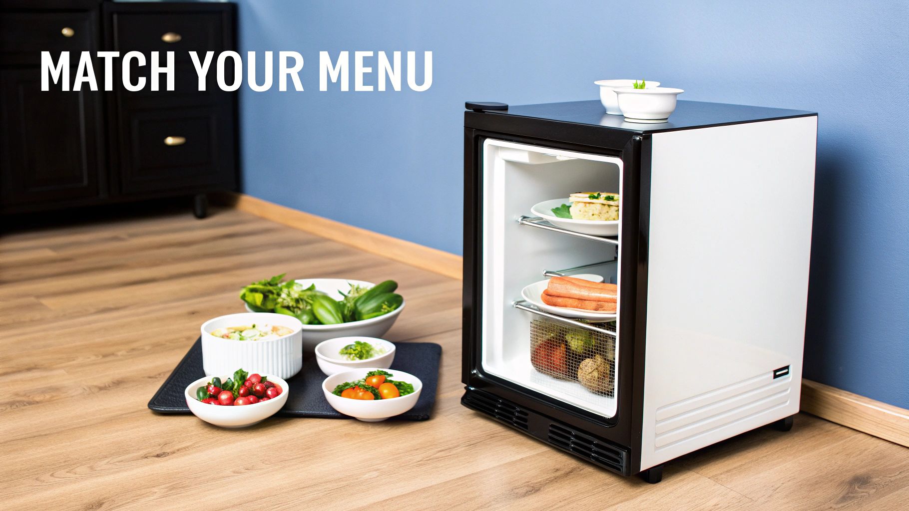 A sleek, energy-efficient commercial refrigerator displaying various fresh food items and ingredients.