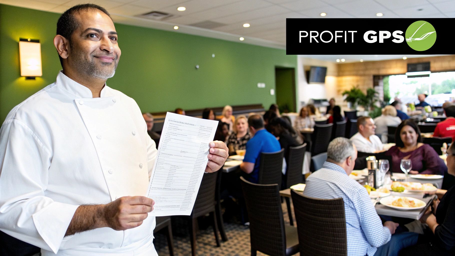 A chef carefully reviewing a profit and loss statement on a clipboard in a bustling restaurant kitchen.