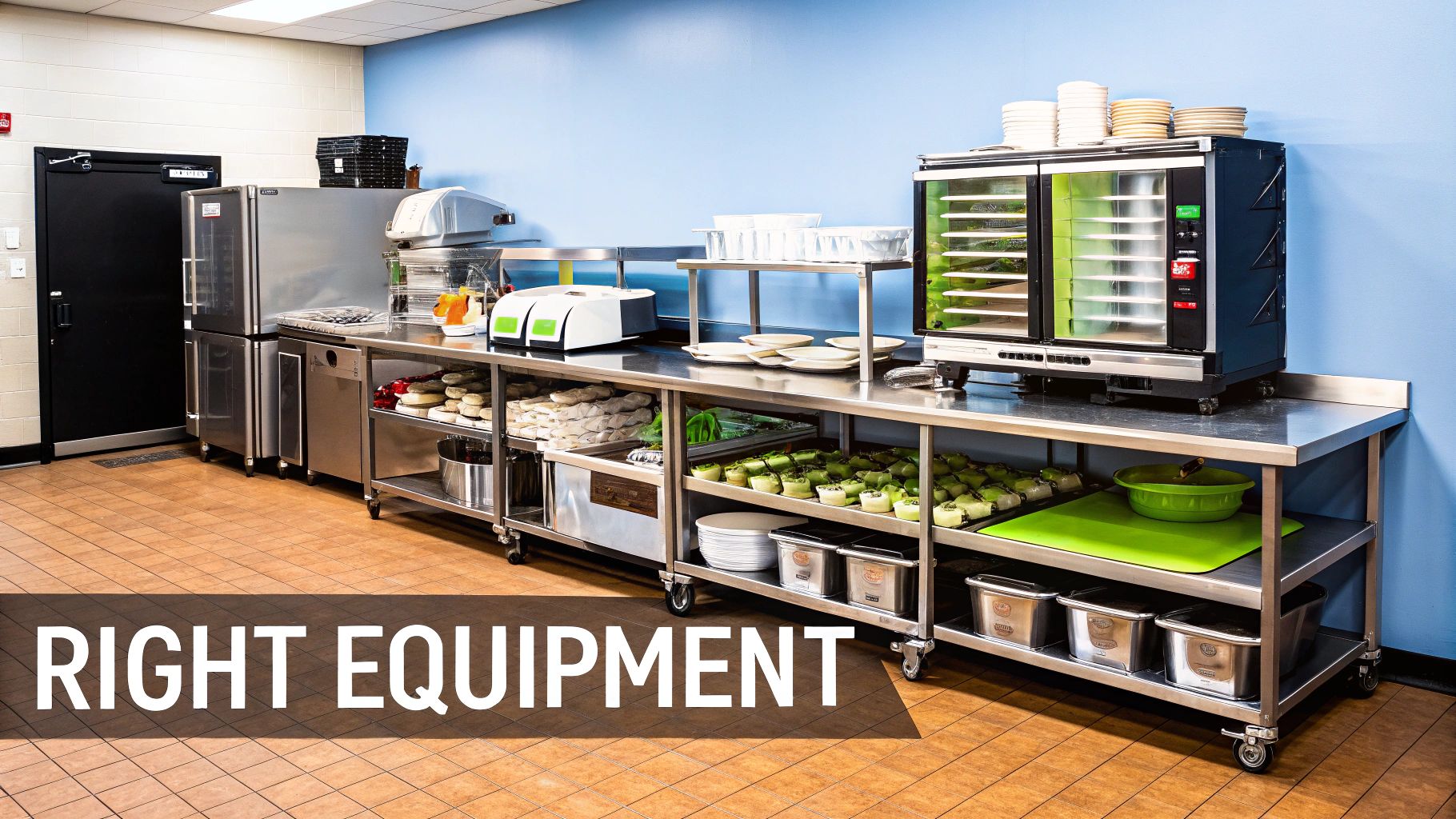 A well-equipped commercial kitchen with stainless steel counters, refrigeration, and prepared food items on display.