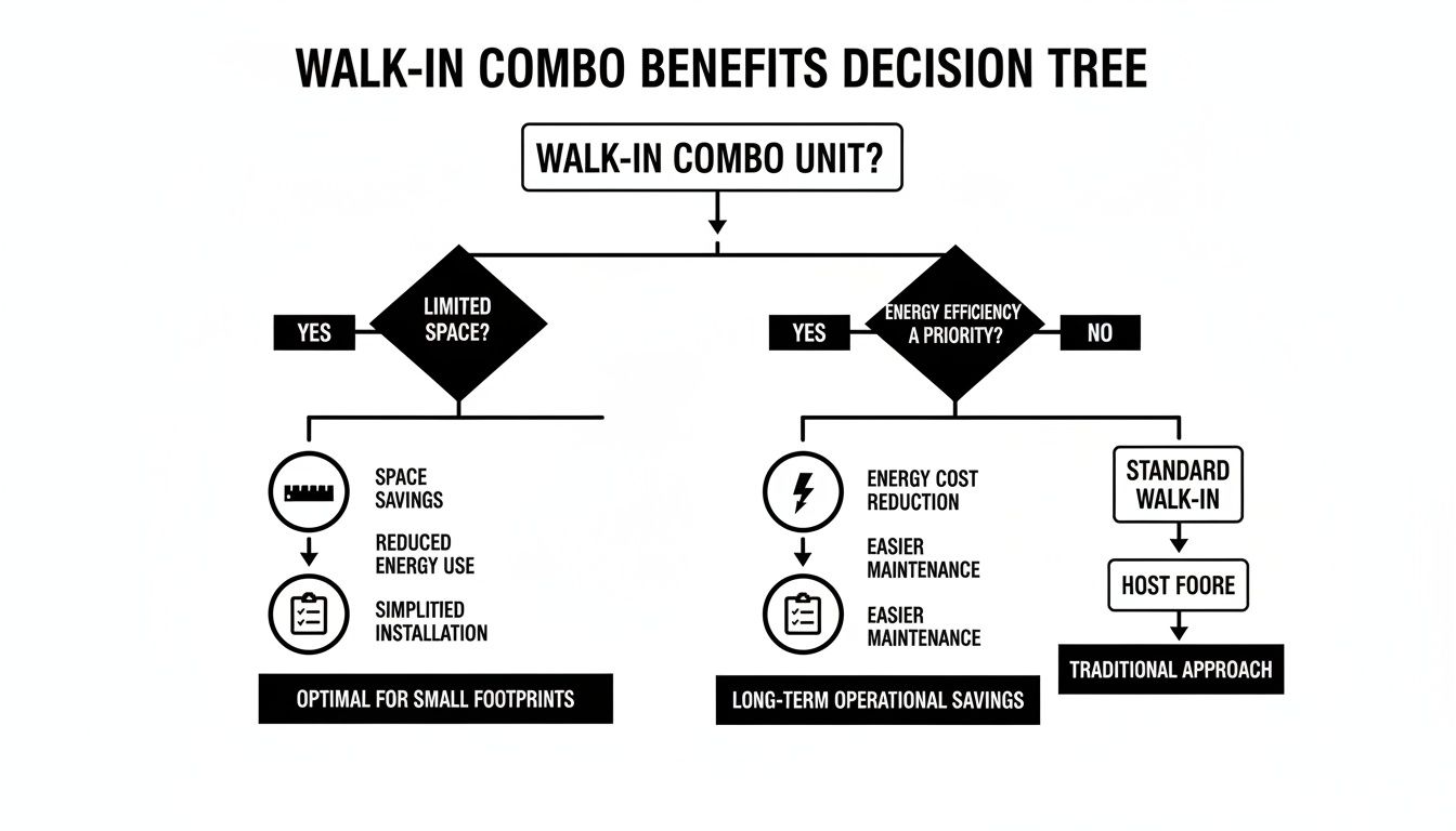 Decision tree flowchart outlining the benefits of walk-in combo units based on space and energy efficiency.