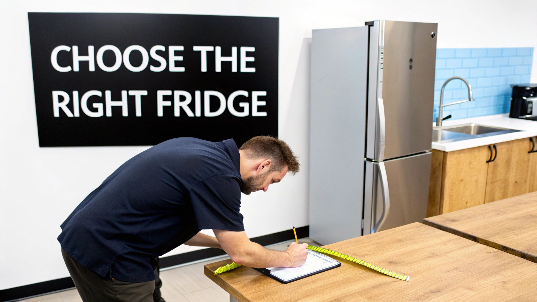 A man measuring and making notes for choosing the right fridge in a showroom.