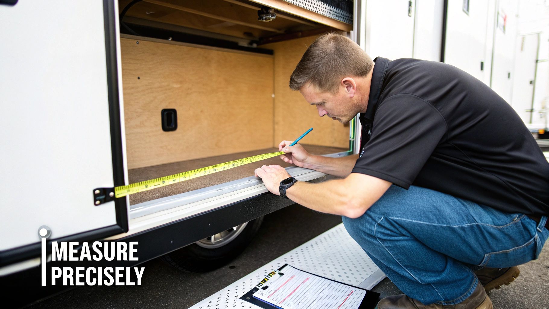 A person precisely measures the interior of an RV storage compartment with a tape and pen.
