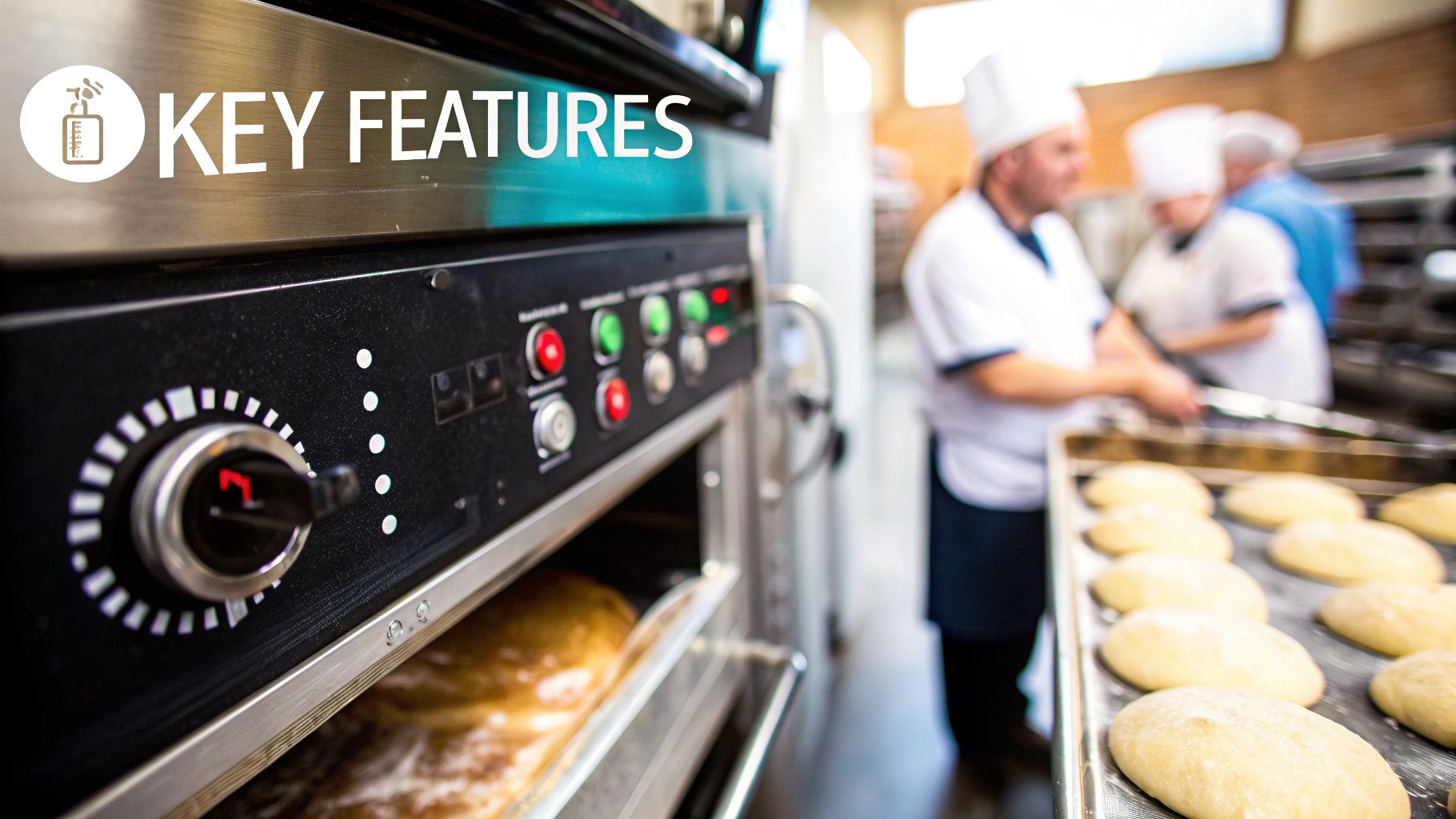 A close-up of a digital control panel on a commercial bakery oven, showing temperature and timer settings.